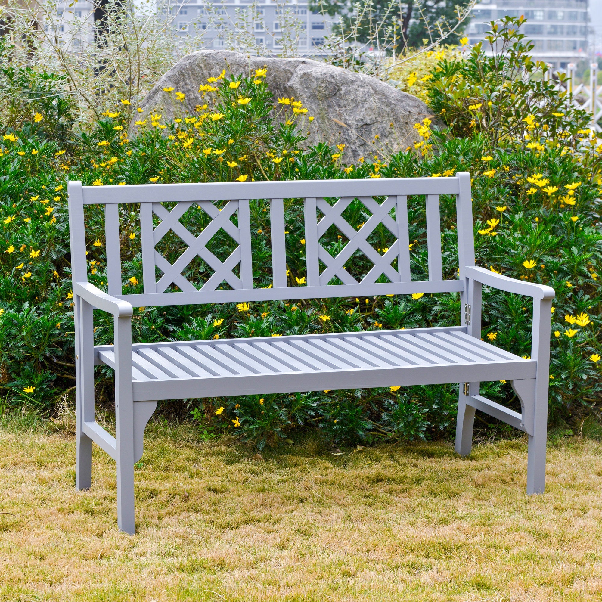 Outsunny Garden Bench 2-Seater Patio Wooden Loveseat Backrest Armrest Grey