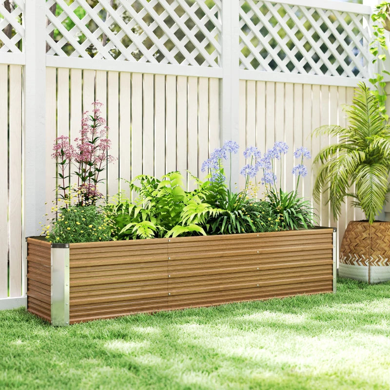 6' x 1.5' x 1.3' Galvanized Raised Garden Bed, Elevated Large Metal Planter Box w/ Install Gloves, Brown Wood Effect