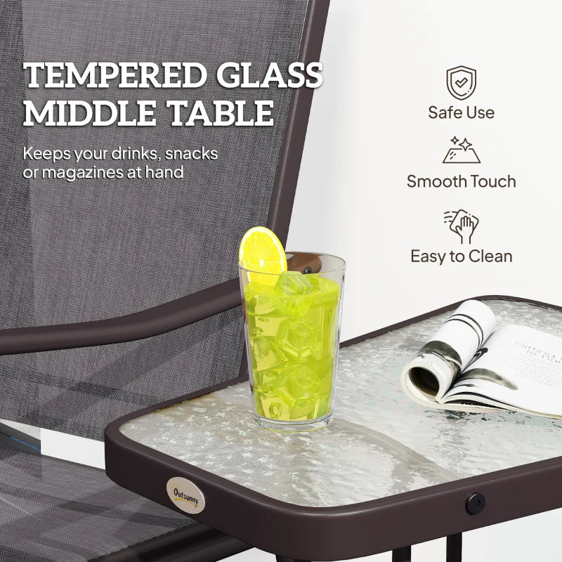 Double Patio Glider Chair with Glass Top Center Table, Outdoor Glider Loveseat with High Back, All Weather Breathable Mesh Fabric for Garden, Backyard, Deck, Grey