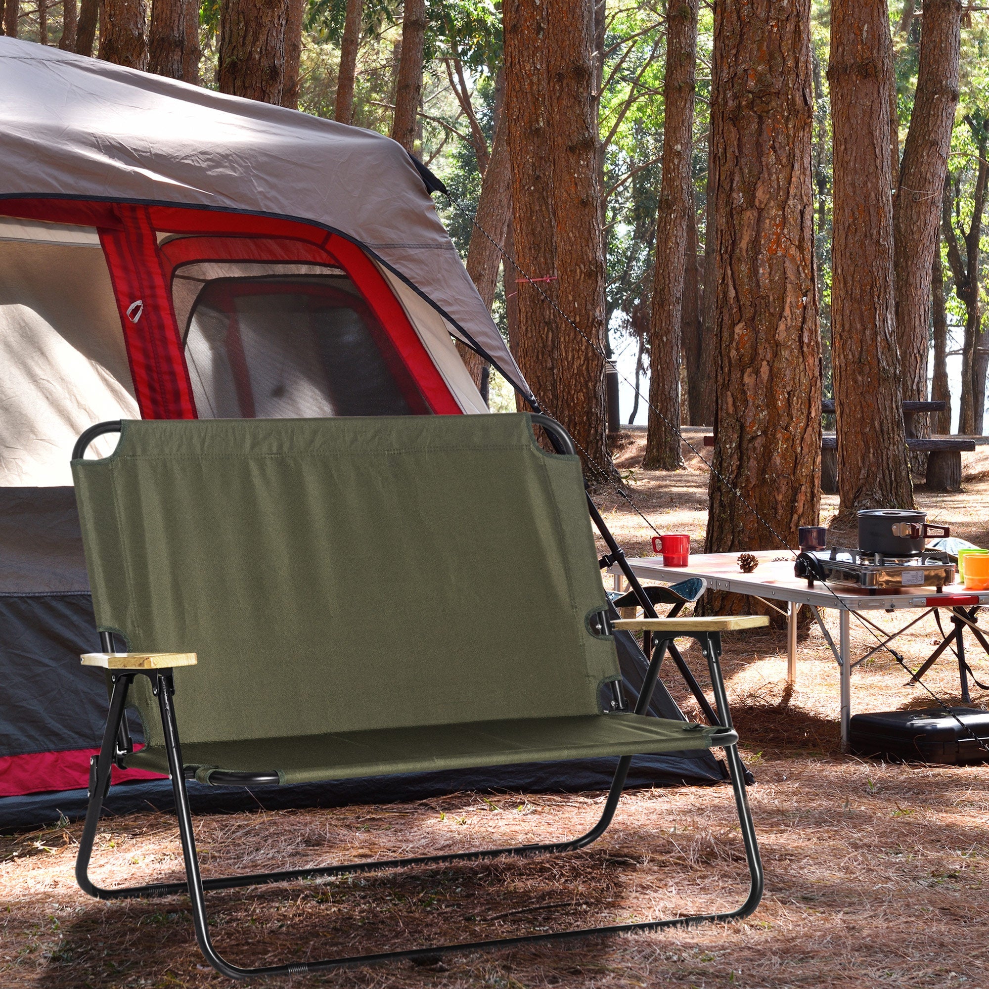 Outsunny Double Folding Loveseat Camping Chair Portable Outdoor 2 Person Wood Armrest Fishing Travel Green