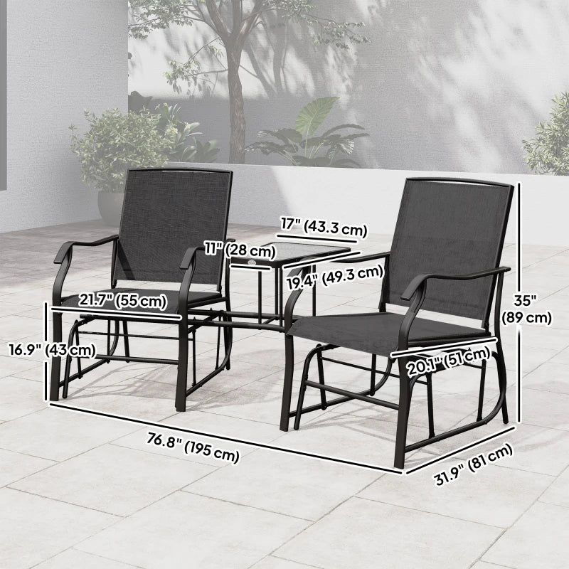 Double Patio Glider Chair with Glass Top Center Table, Outdoor Glider Loveseat with High Back, All Weather Breathable Mesh Fabric for Garden, Backyard, Deck, Black