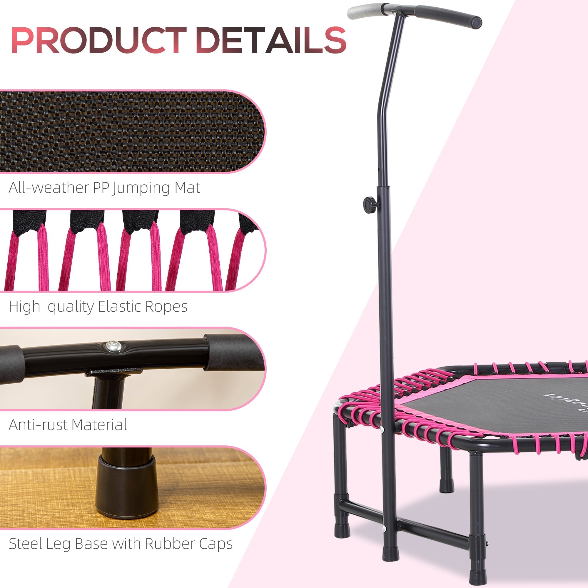 Soozier Hexagon Mini Trampoline 48" Adult Fitness Rebounder with Adjustable Handle Pink Cardio Trainer Outdoor Bouncer