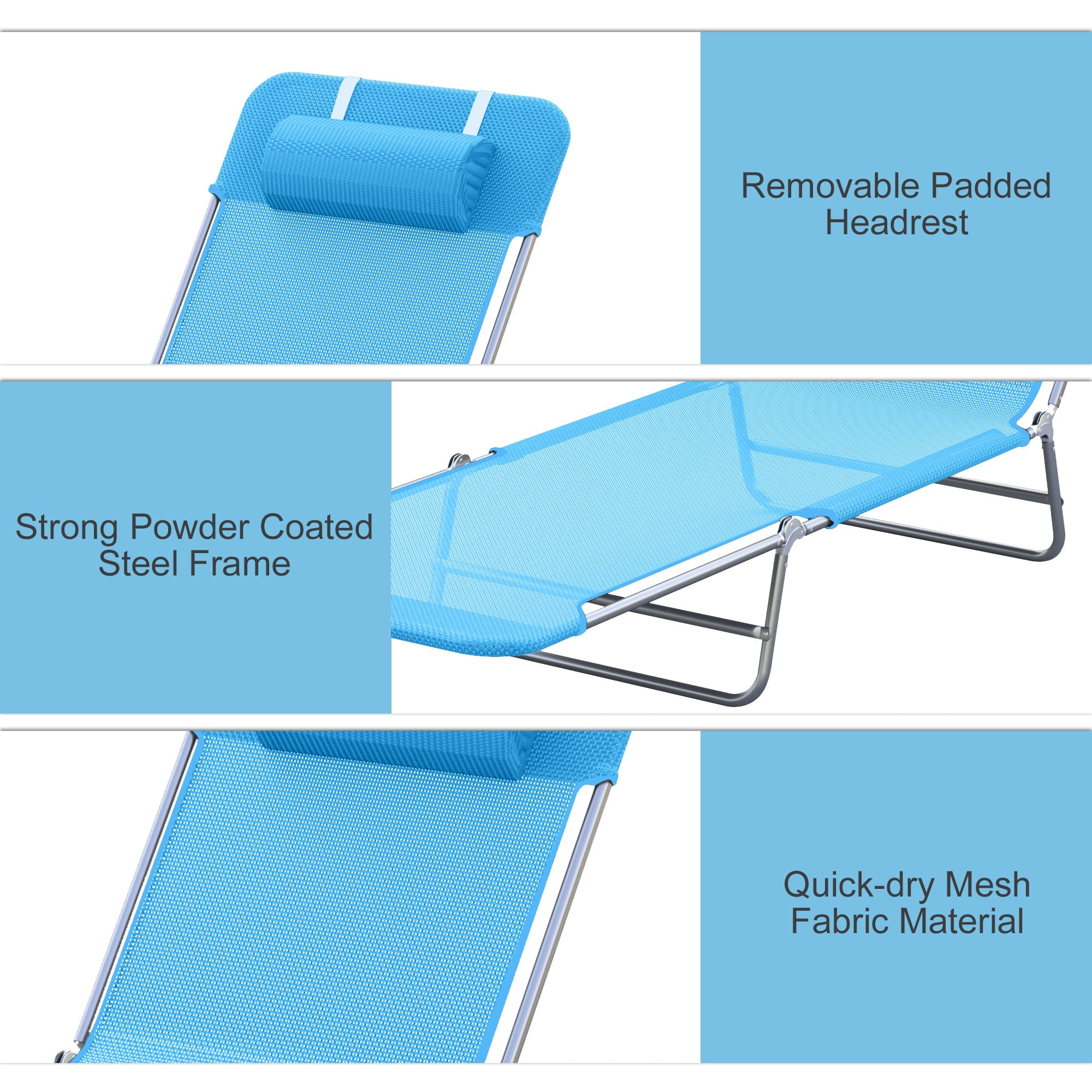 Outsunny Serene Serenity: Folding Reclining Chair, Portable Garden Chaise Lounge with Pillow for Outdoor Camping, Beach, Blue Finish
