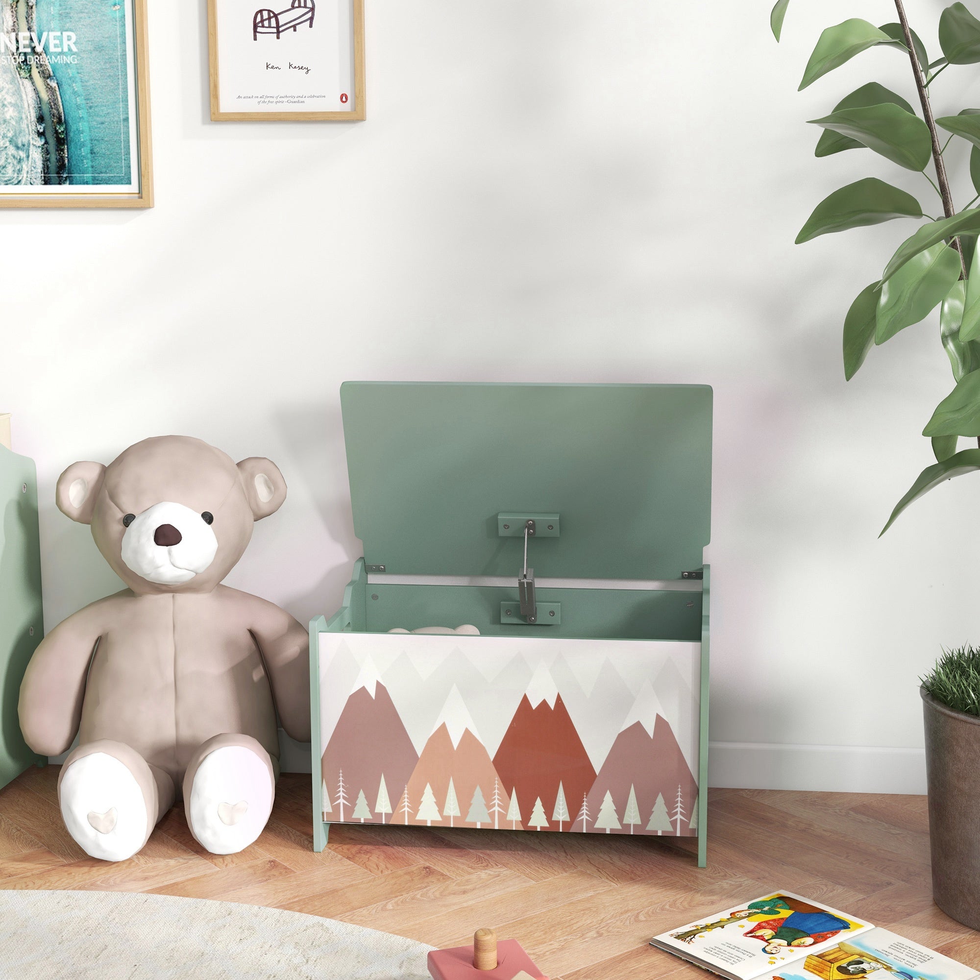 Qaba Toy Box with Lid Toy Chest Storage Organizer for Bedroom with Safety Hinge Green