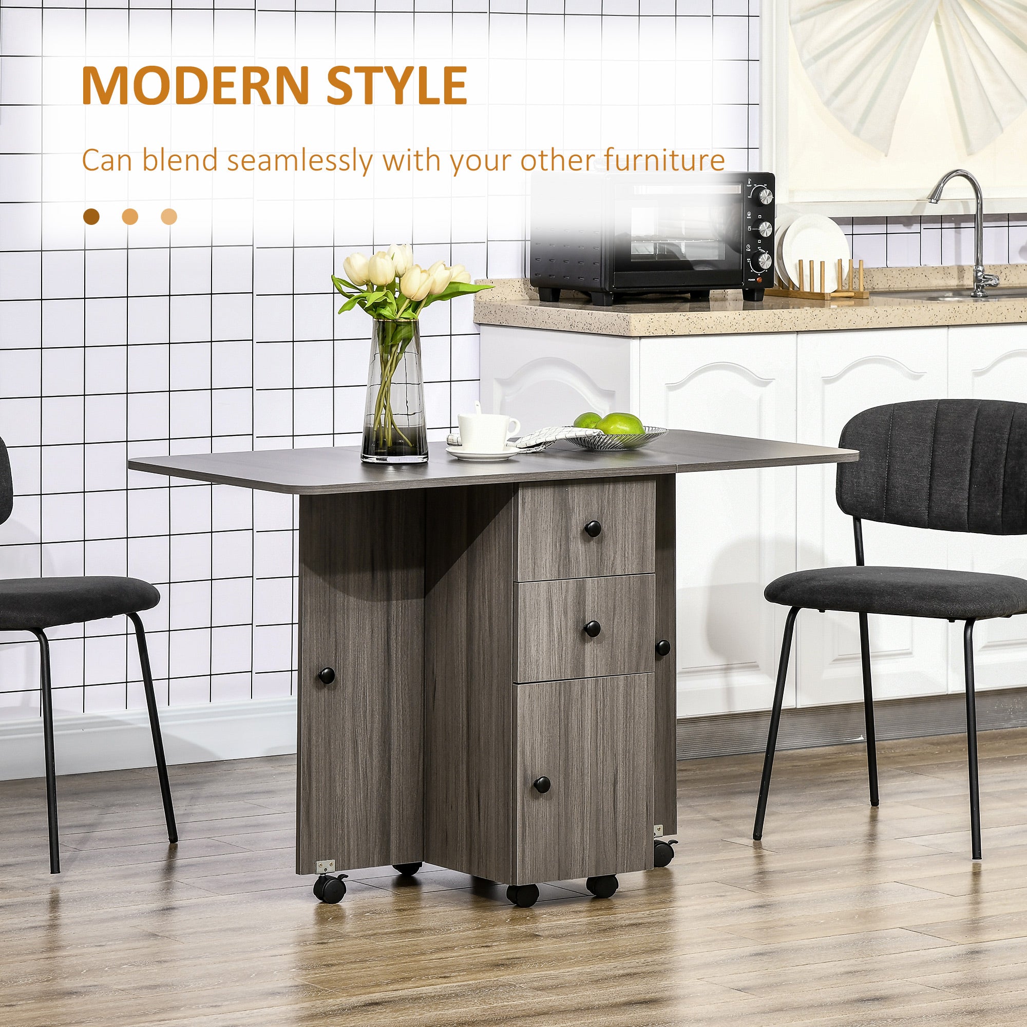HOMCOM Foldable Rolling Kitchen Table with Storage Drawers Cabinet Drop Leaf Table on Wheels Grey