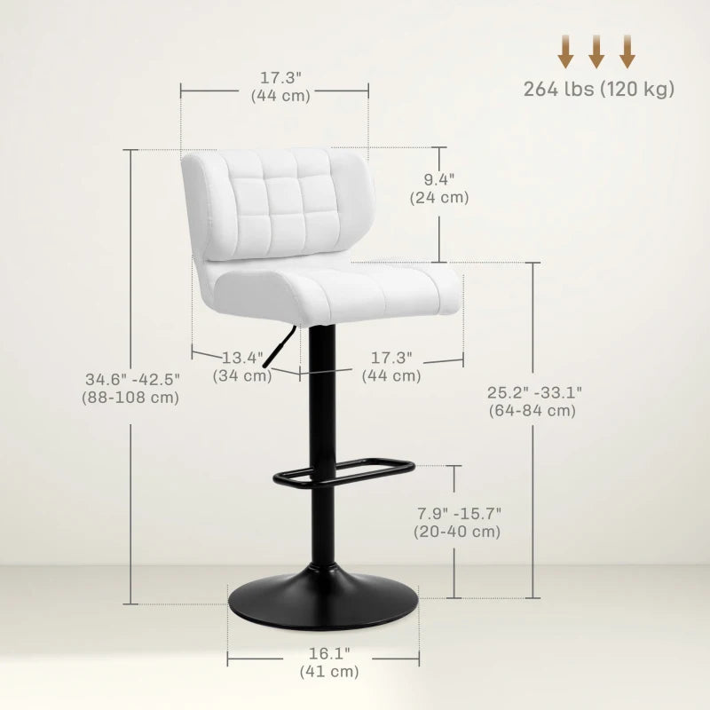 Swivel PU Leather Barstools Set of 2 Adjustable Bar Stools with Footrest Back for Kitchen Counter Dining Room White
