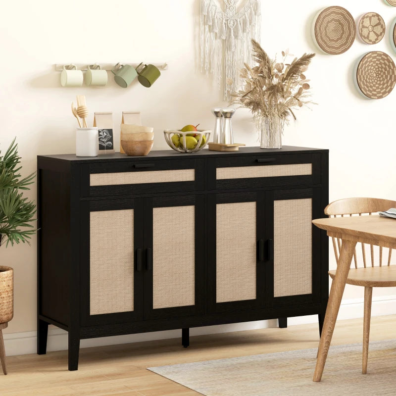 Kitchen Sideboard Cabinet, Boho Buffet Table with Decorative Rattan Doors and Drawers for Dining Room, Black