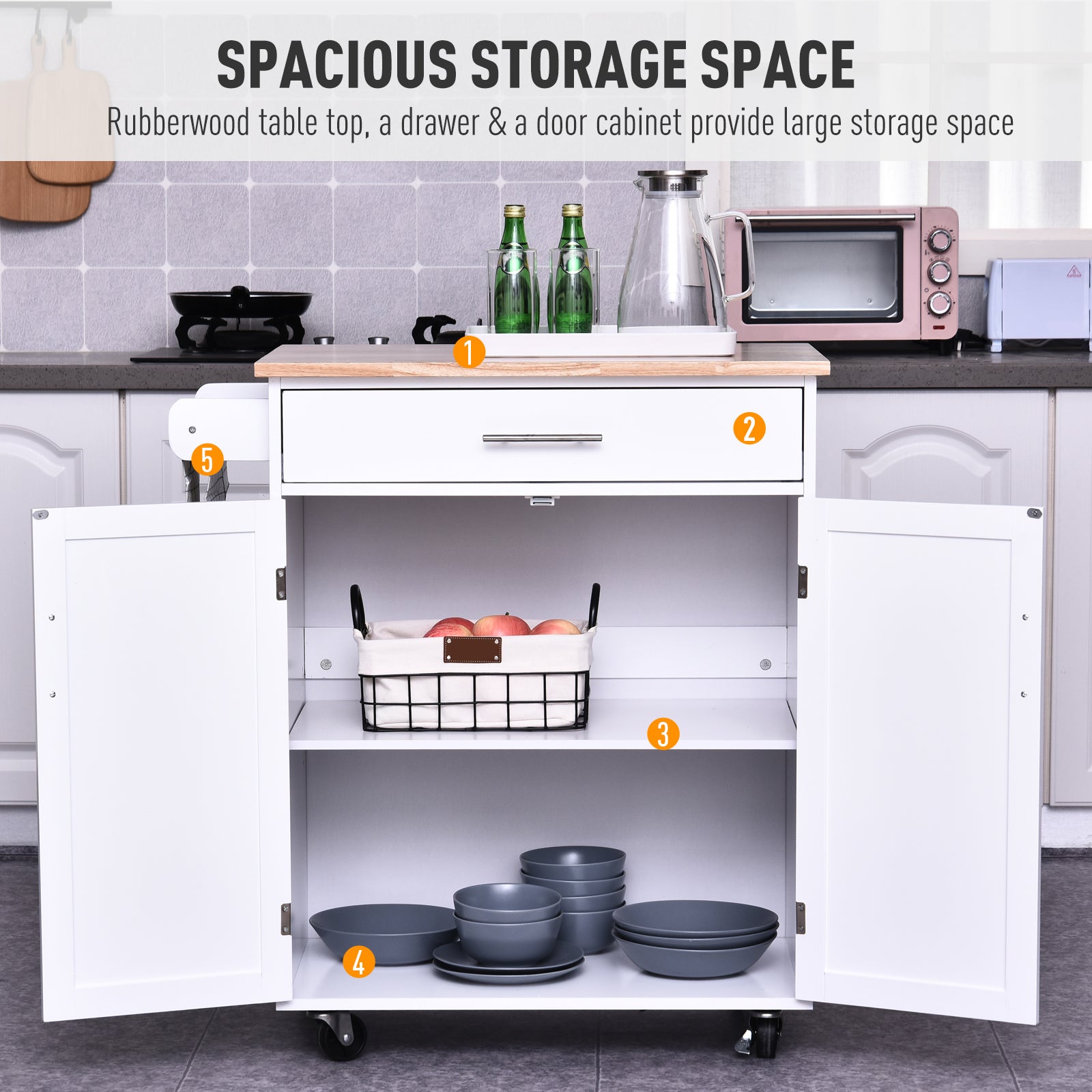 HOMCOM Wooden Kitchen Island Cart: White Rolling Serving Trolley with Storage Drawer, Towel Bar & Wheeled Mobility