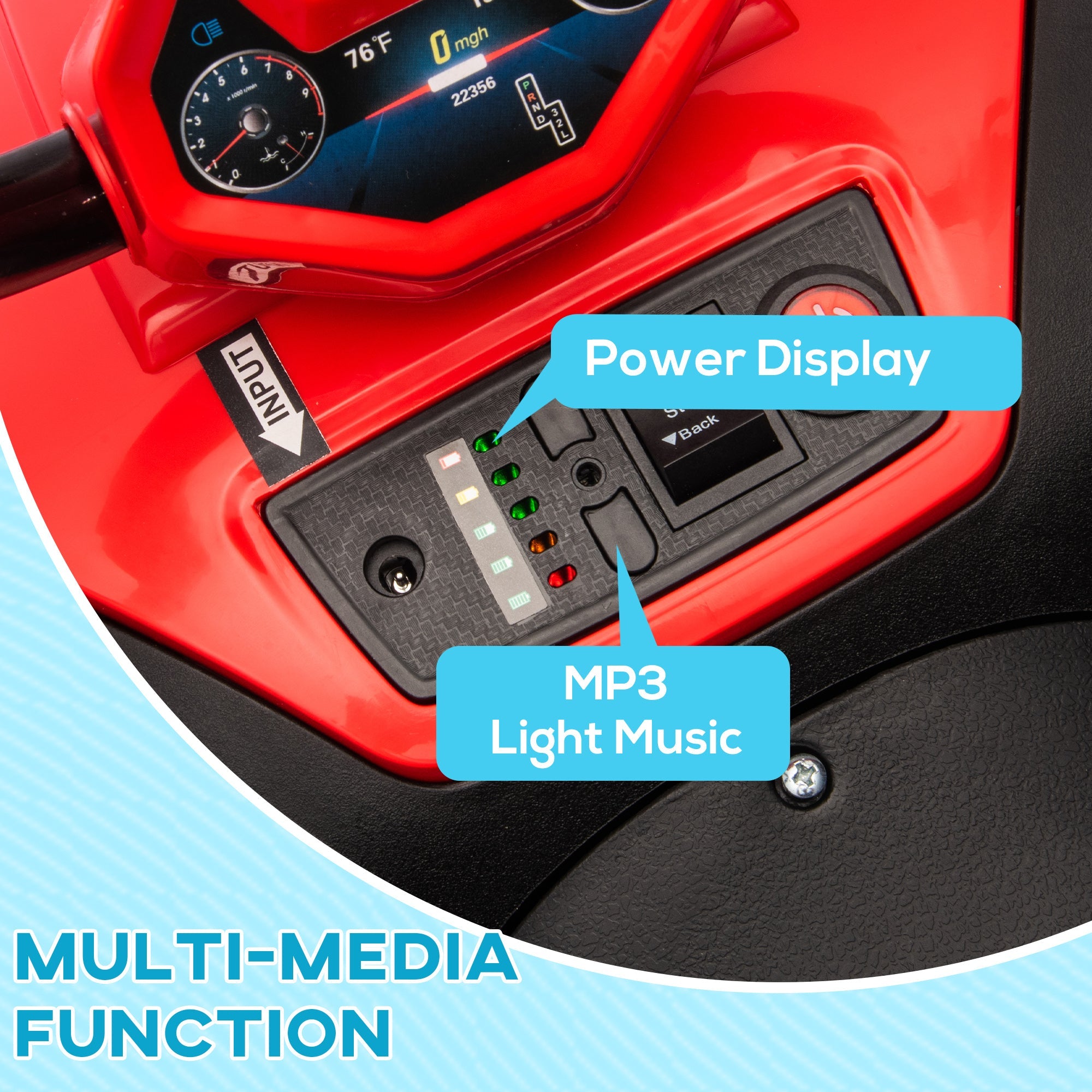 Qaba 12V Kids ATV with Four Wheels Spring Suspension, Forward & Backward, LED Light, MP3, Music, Red