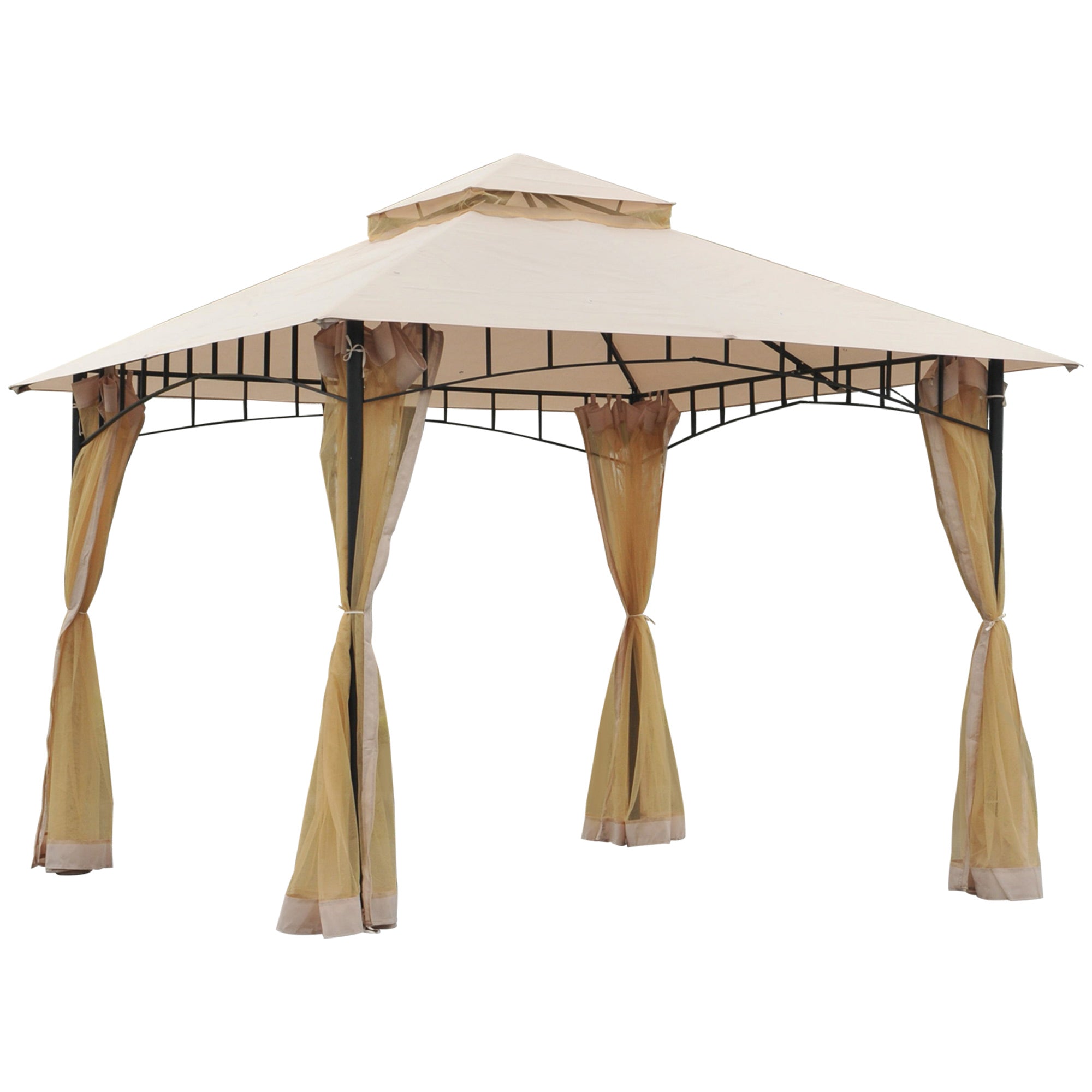 Outsunny 10x10ft Double Tier Garden Gazebo Canopy Outdoor Sunshade Tent Water-Resistant Anti-UV Roof with Metal Frame, Beige