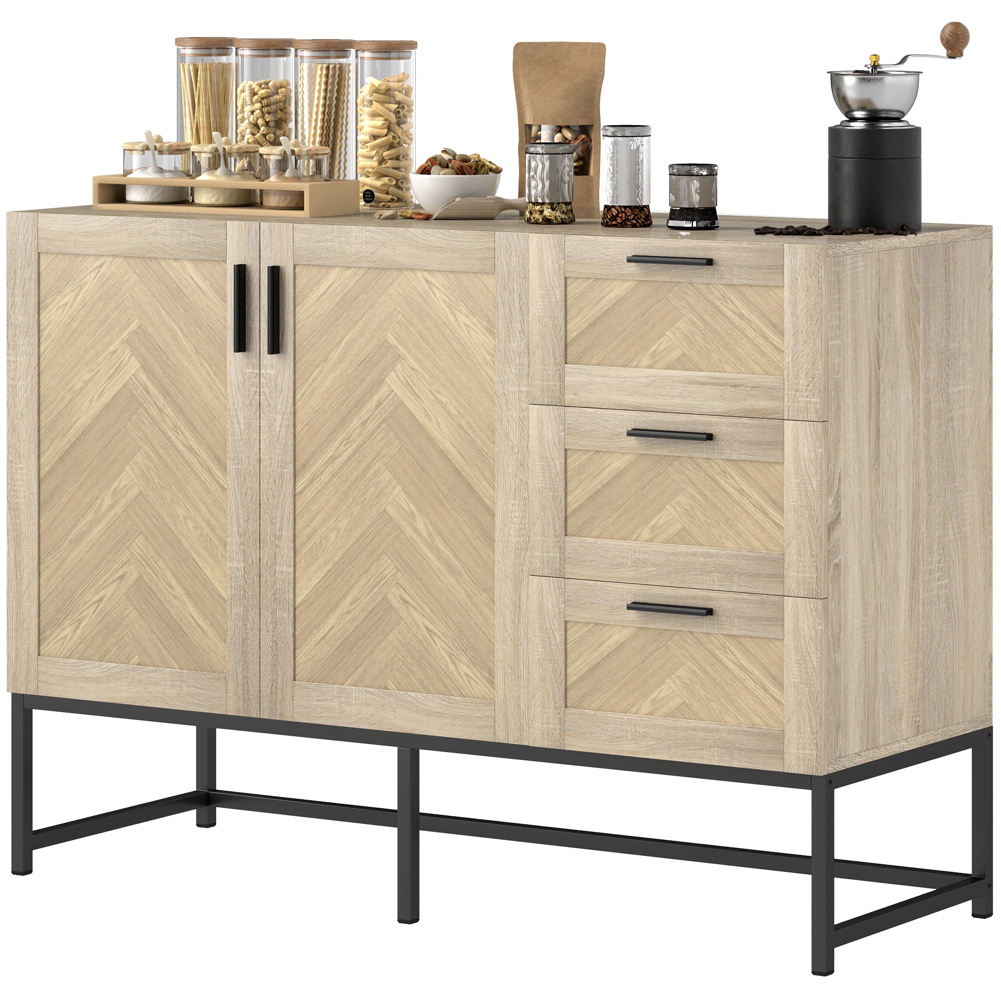 HOMCOM Buffet Cabinet, Coffee Bar Cabinet with Drawers and Adjustable Shelf, Oak