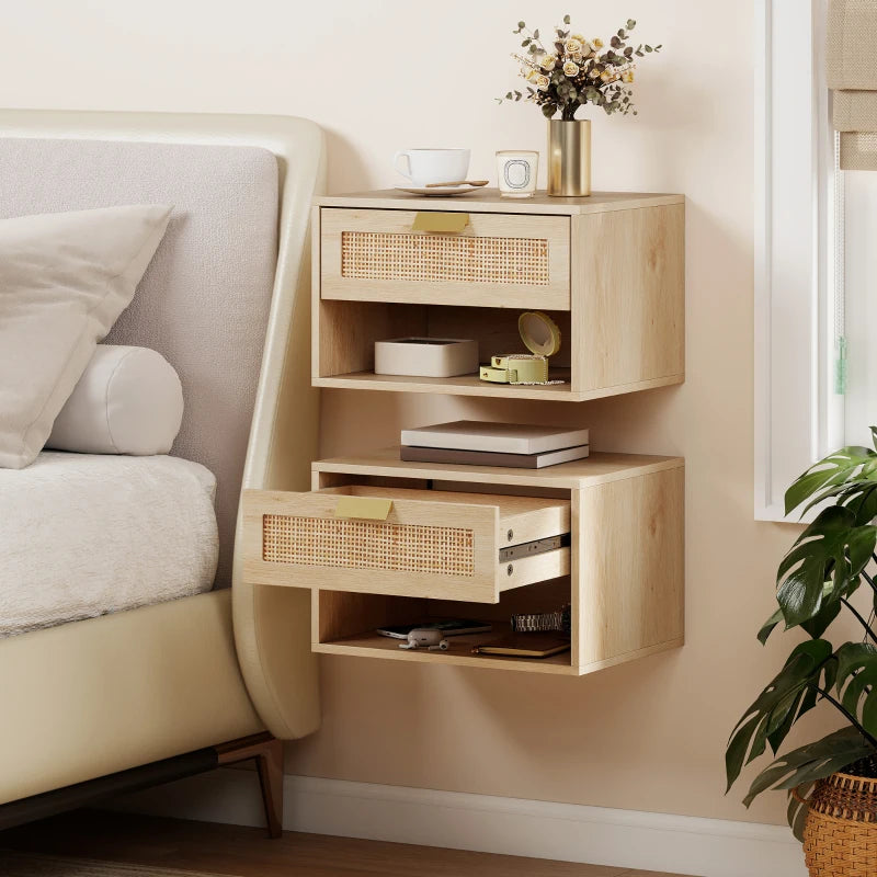 Floating Bedside Table Set of 2, Wall Mount Nordic Nightstands with Storage Drawer and Open Shelf for Bedroom, Oak