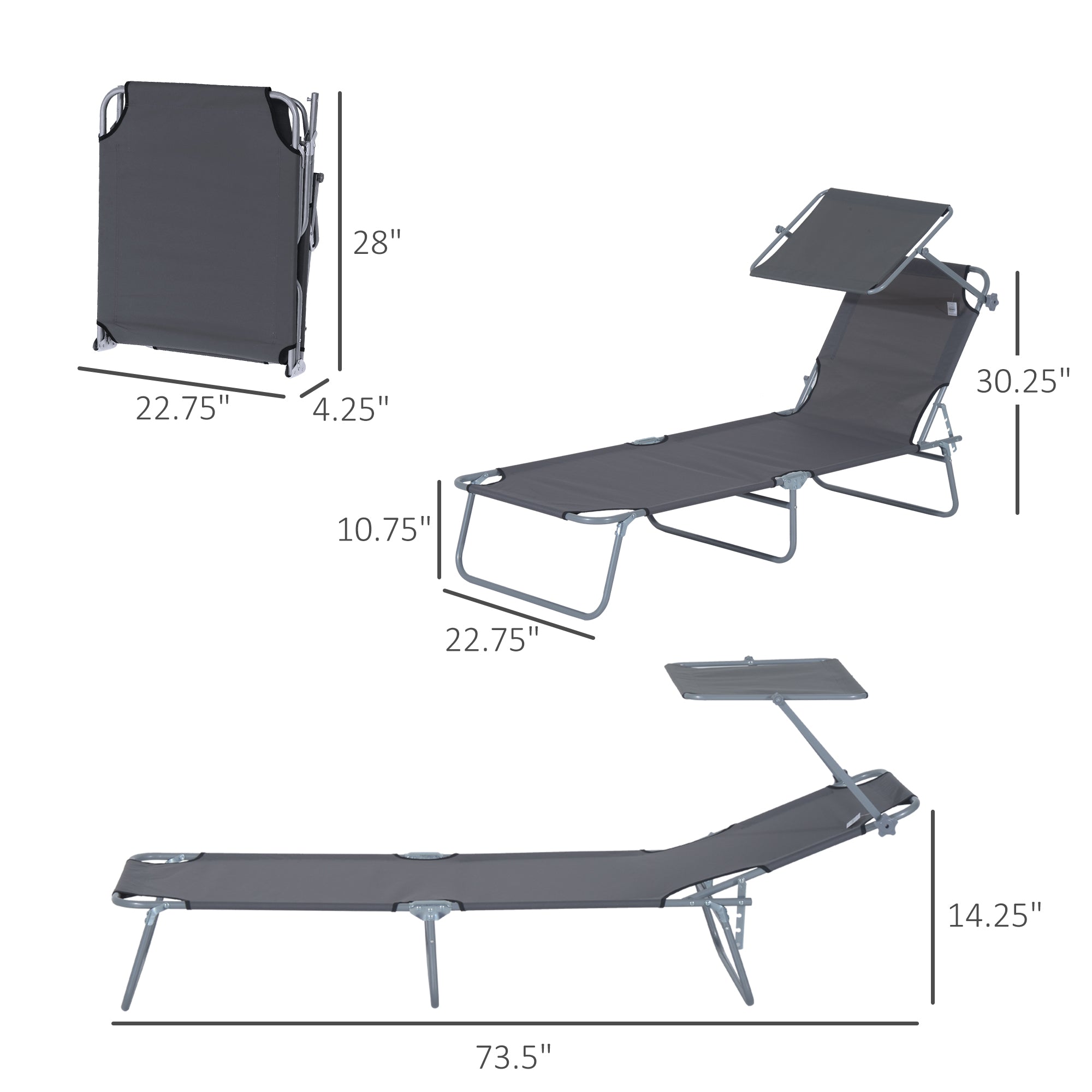 Outsunny Adjustable Garden Outdoor Lounge Chair, Folding Chaise Lounge Bed, Reclining Portable Tanning Chair Seat with Sun Shade, Grey