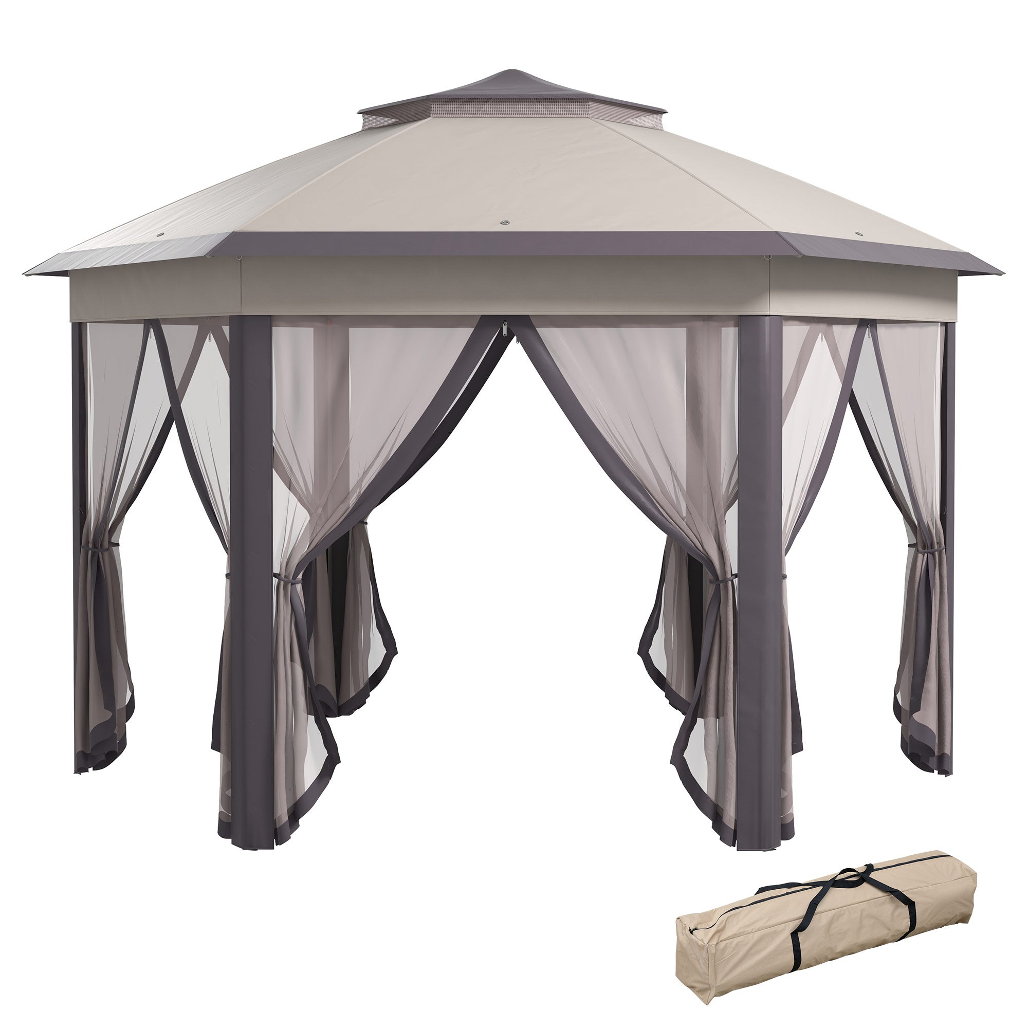 Outsunny Pop Up Patio Gazebo 13'x13', Double Roof Hexagon, Instant Outdoor Shelter with Netting, Coffee/Beige