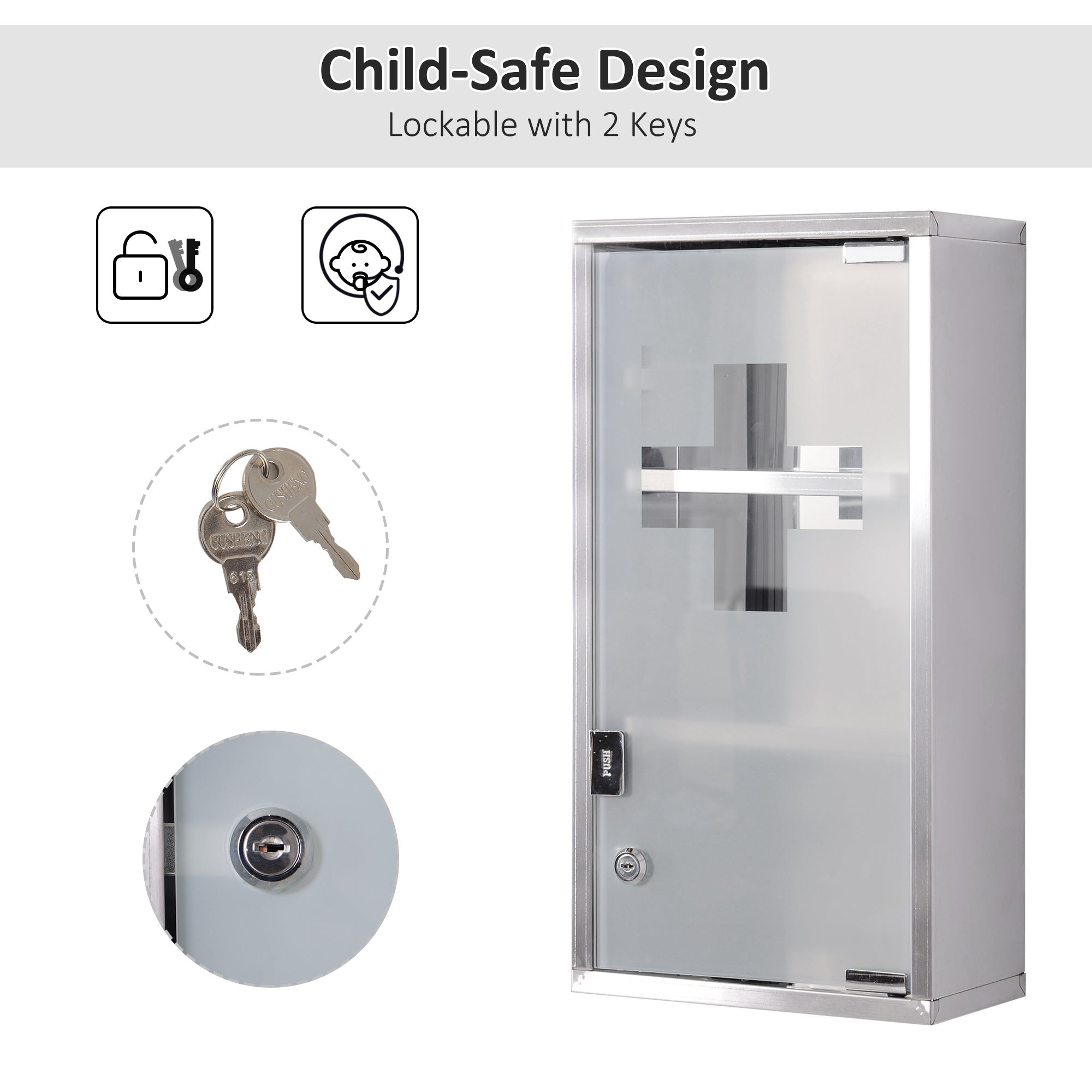 HOMCOM Sleek Wall-Mounted Medicine Organizer: Lockable 2-Shelf Glass Door Cabinet with Stainless Steel Frame for Bathroom Storage