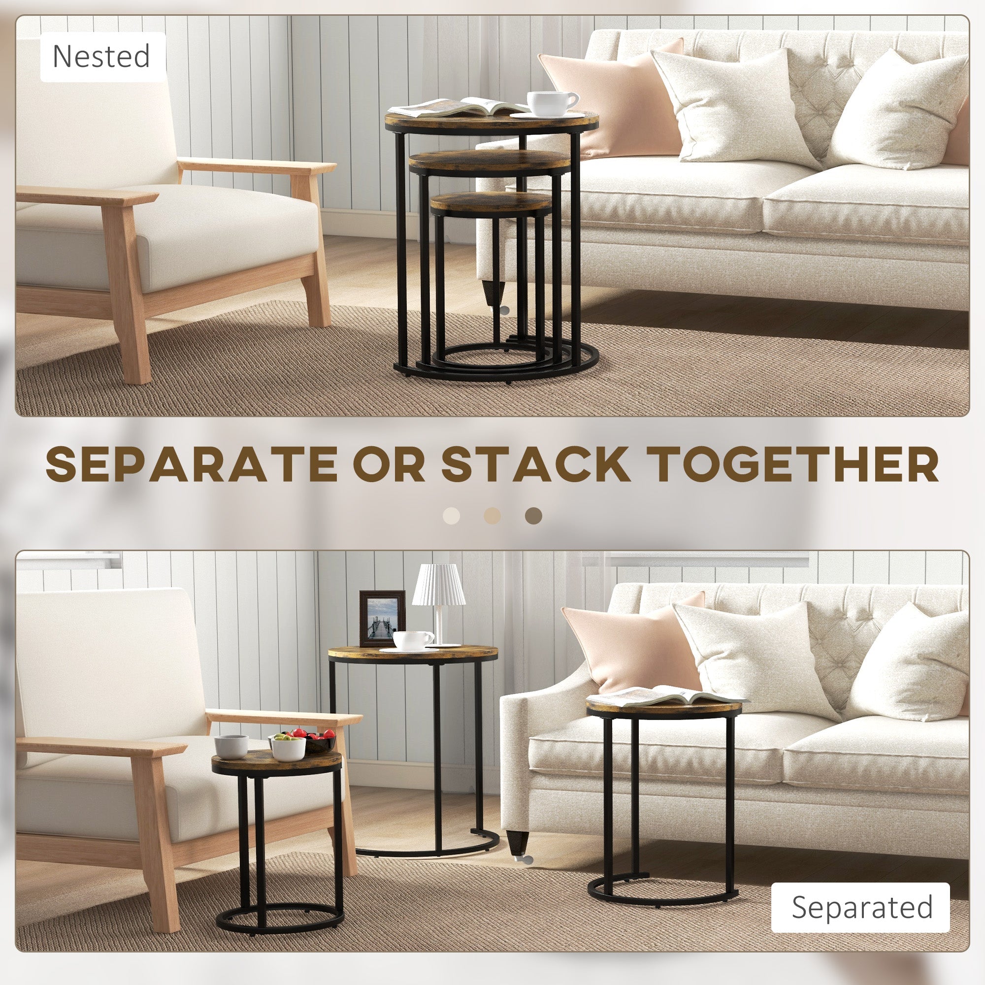 HOMCOM Nesting Coffee Tables Set of 3, Stacking Round Side Tables with Steel Frame for Living Room, Rustic Brown