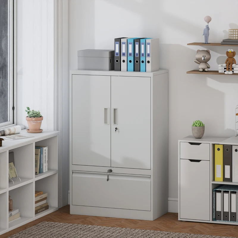 Lateral Filing Cabinet, Metal Storage Cabinet, Garage Cabinet with Double Locks, Adjustable Shelf and File Drawer, White