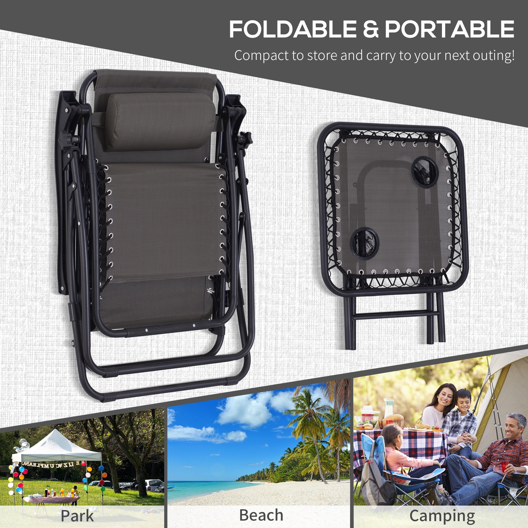 Outsunny 3pcs Zero Gravity Lounger Chair Set Patio Chaise Lounge Side Table w Cup Holder Grey