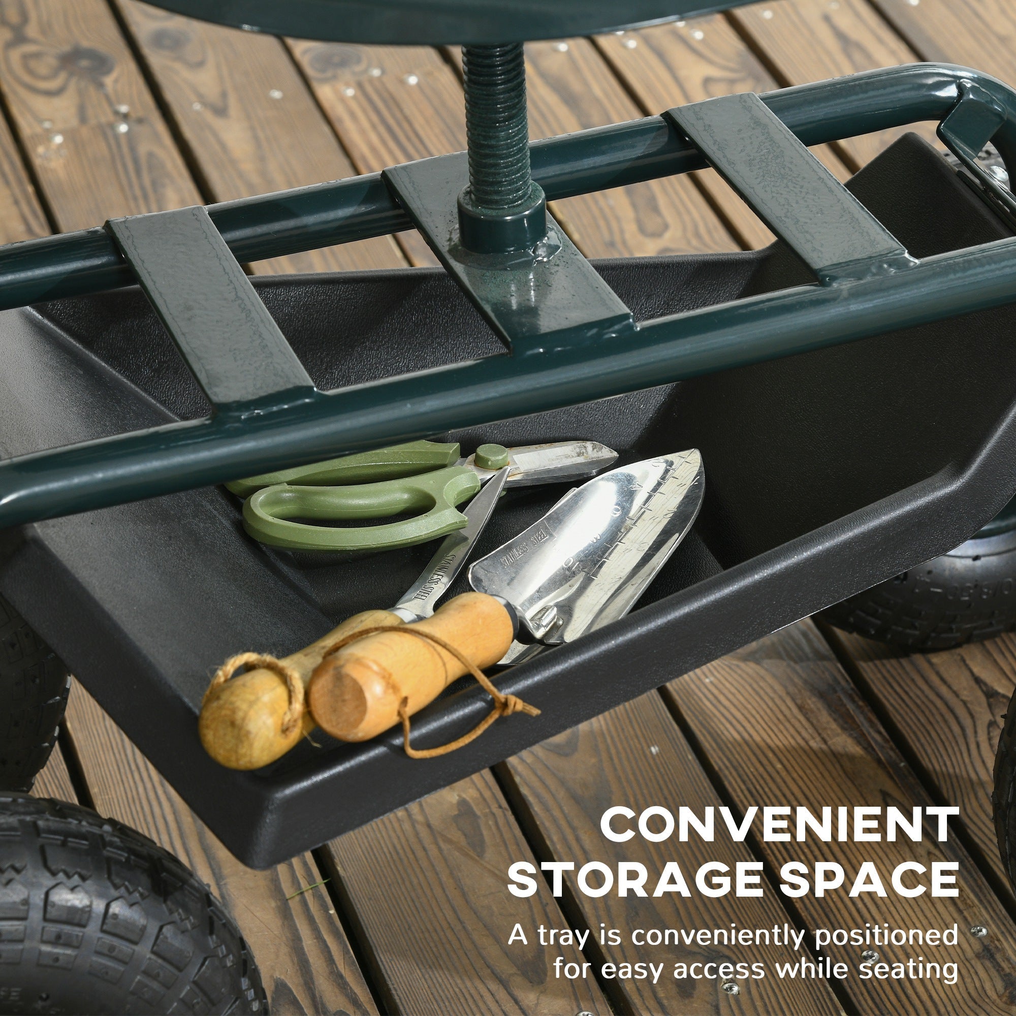 Outsunny Garden Cart with Seat on Wheels Tool Tray 360° Swivel Height Adjustable for Patio Yard