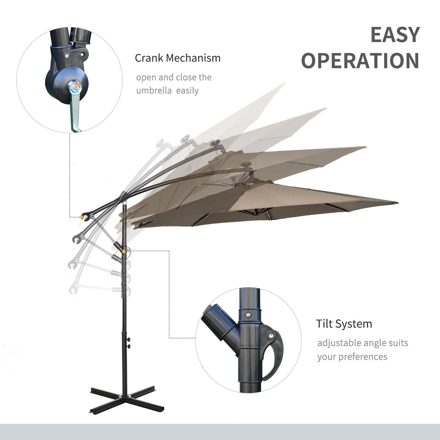Outsunny 10' Cantilever Banana Umbrella Solar Lights Adjustable Angle Patio Backyard Khaki