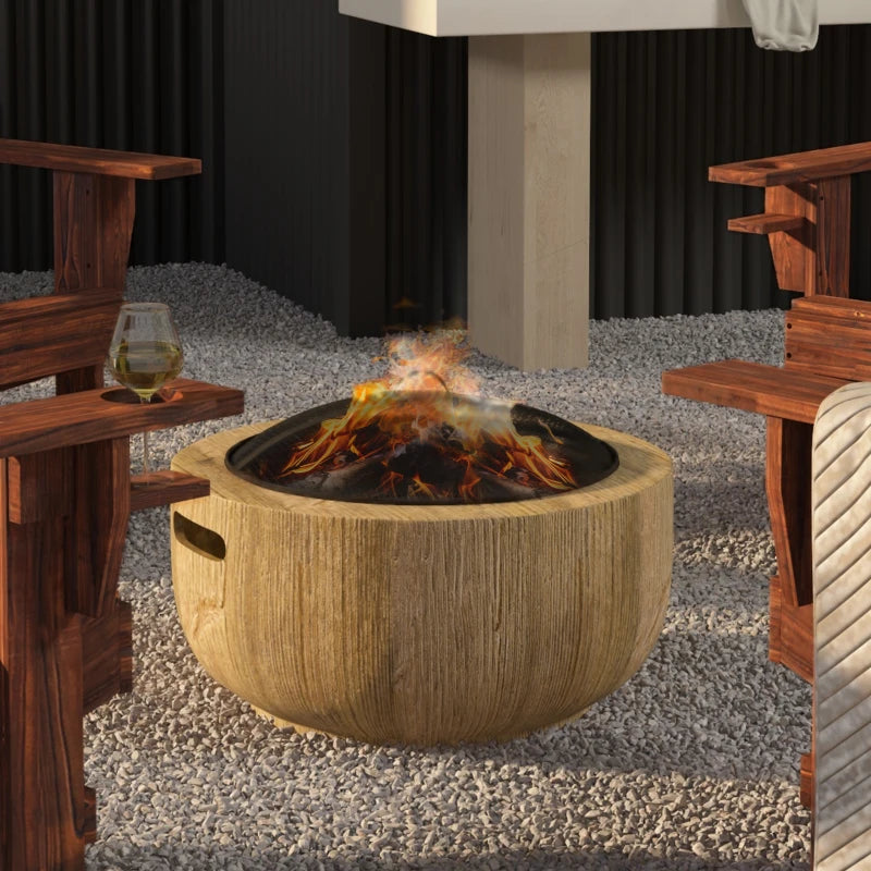 Outdoor Fire Pit, 24 Inch Metal Wood Burning Fireplace with Spark Cover, Poker, Woodgrain Design, Light Brown