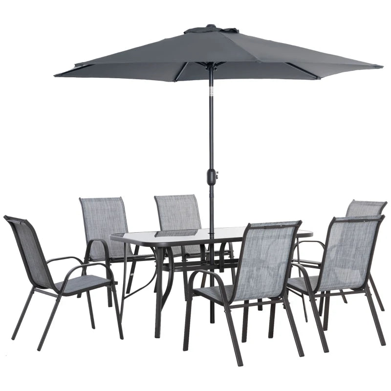 8 Pieces Patio Dining Set with Umbrella, 6 Chairs and Table, Grey