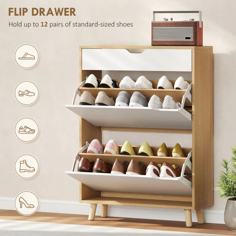 Narrow Shoe Cabinet for Entryway with 2 Flip Drawers, Top Drawer and Adjustable Shelves for 12 Pairs of Shoes, White