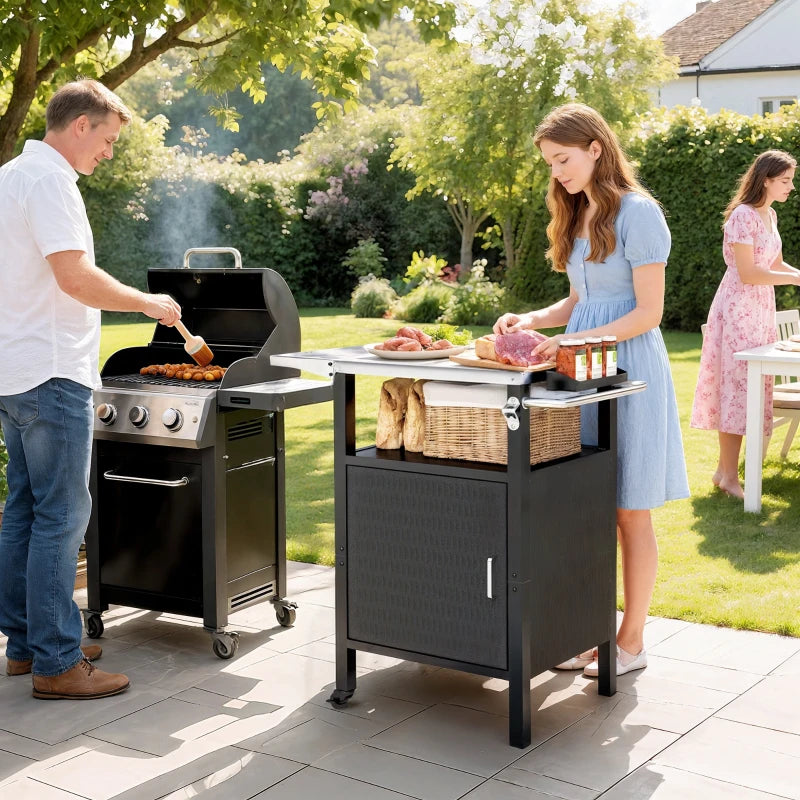 Outdoor Grill Dining Cart with Stainless Steel Top, Pizza Oven Stand Table with Foldable Side Table, Silver