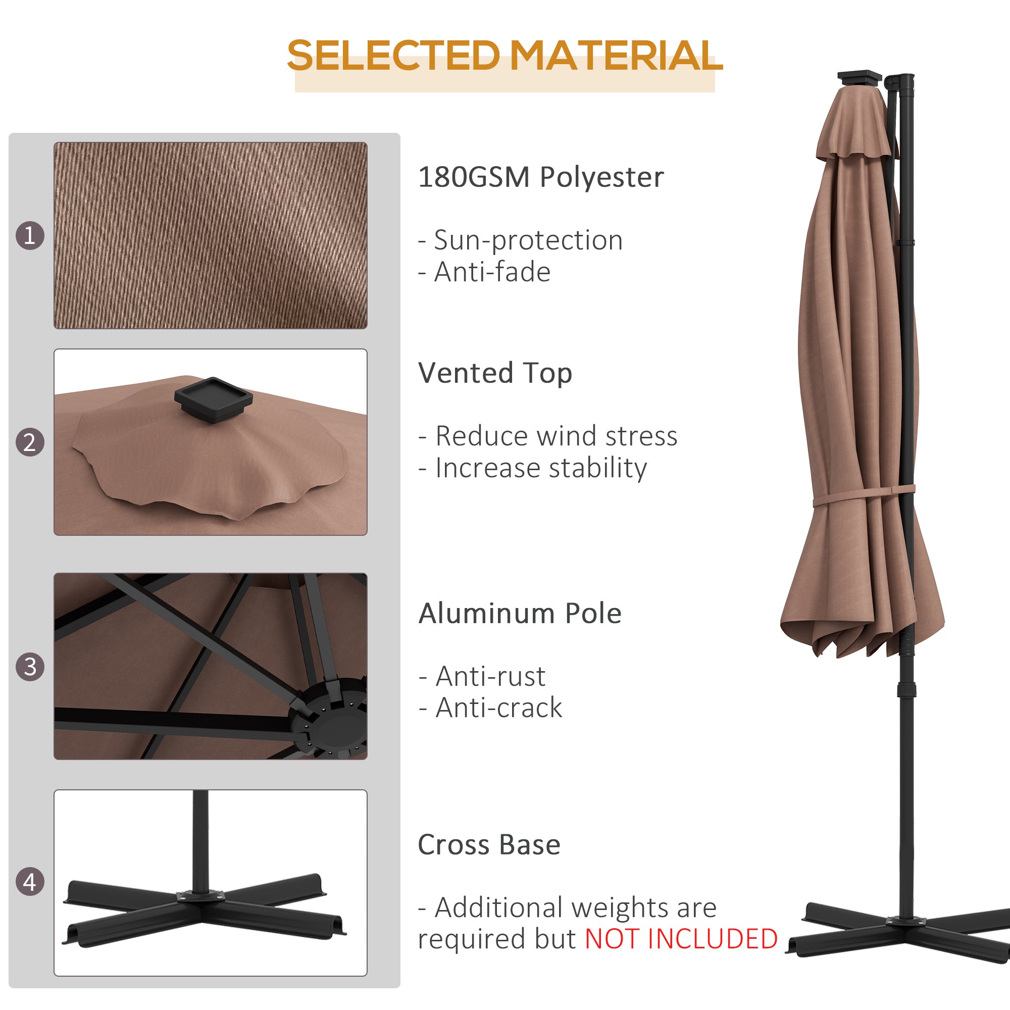 Outsunny 9.6'x8.5' Cantilever Umbrella Solar LED Lights Rectangle Hanging Offset 360° Rotation