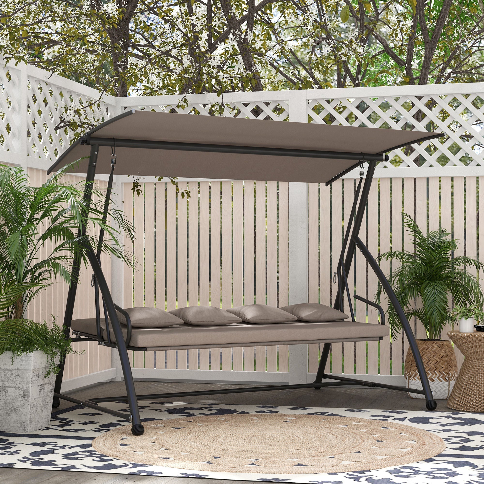 Outsunny 3 Seater Porch Swing Convertible Swing Chair Bed Cushioned Light Brown