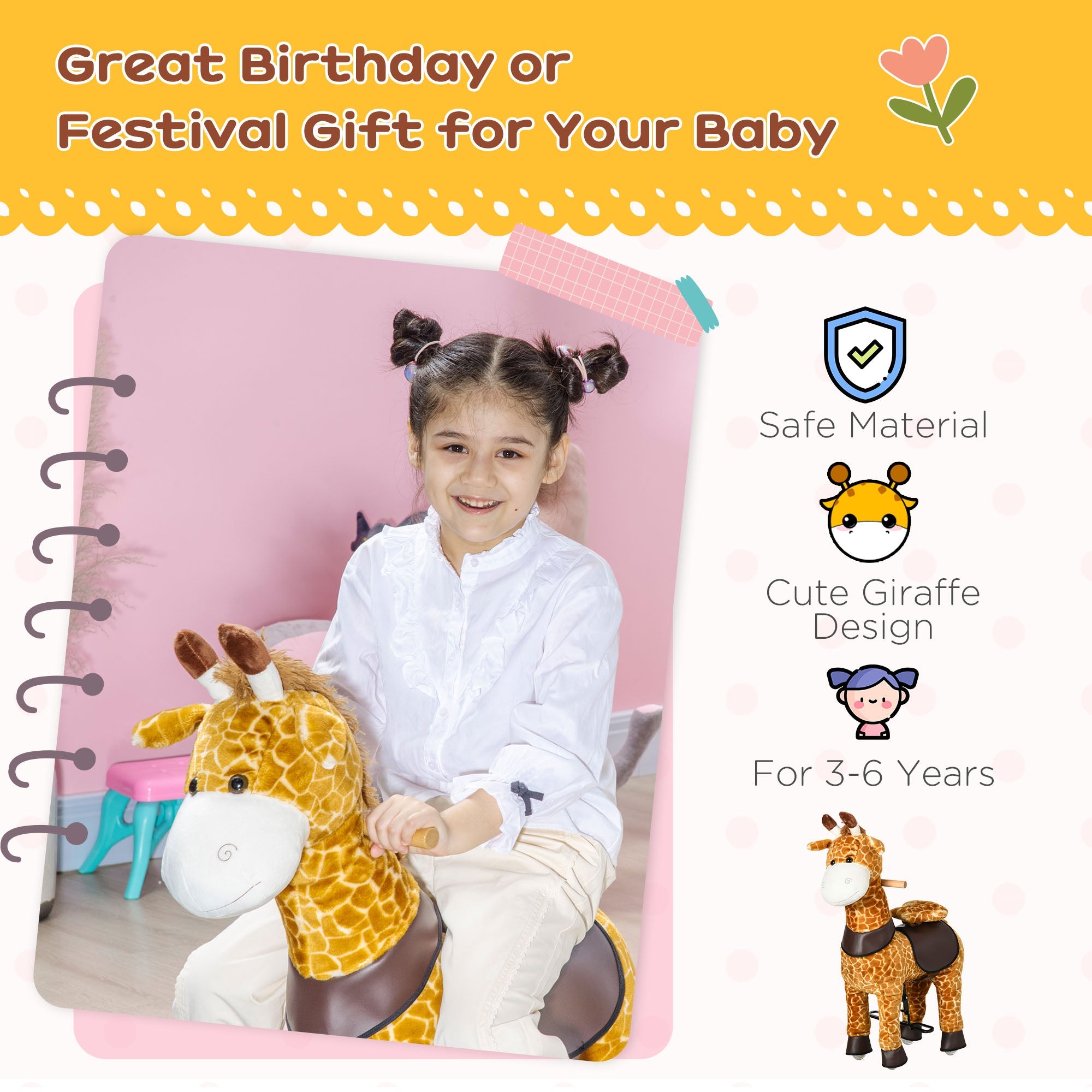 Qaba Giraffe Walking Horse - Ride On Mechanical Rocking Pony with Wheels, Great Gift for 3-6 Years, Girls & Boys