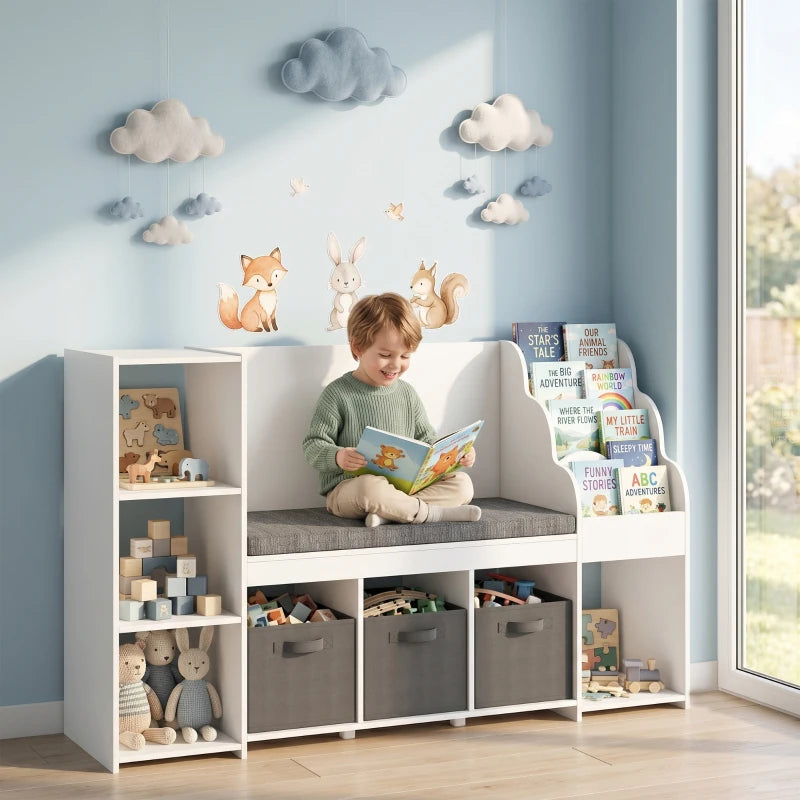 Qaba Kids Storage Shelf with Reading Nook, Toy Organizer with Cushion Seat, Bookshelf, 4 Cubbies & 3 Fabric Drawers for Playroom and Nursery
