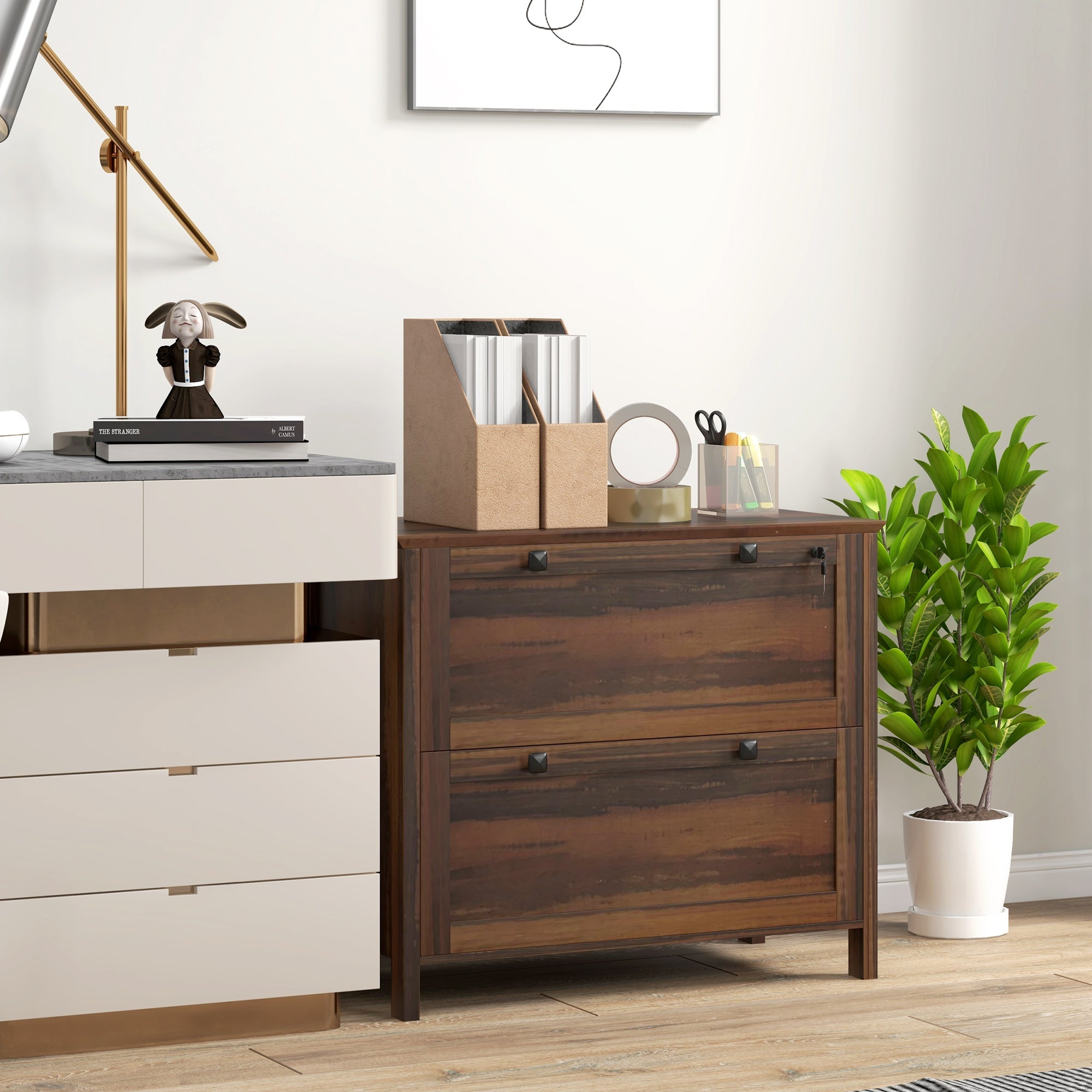 HOMCOM 2 Drawer File Cabinet, Lockable Filing Cabinet with Adjustable Hanging Bar for Letter, A4 and Legal Size, Brown