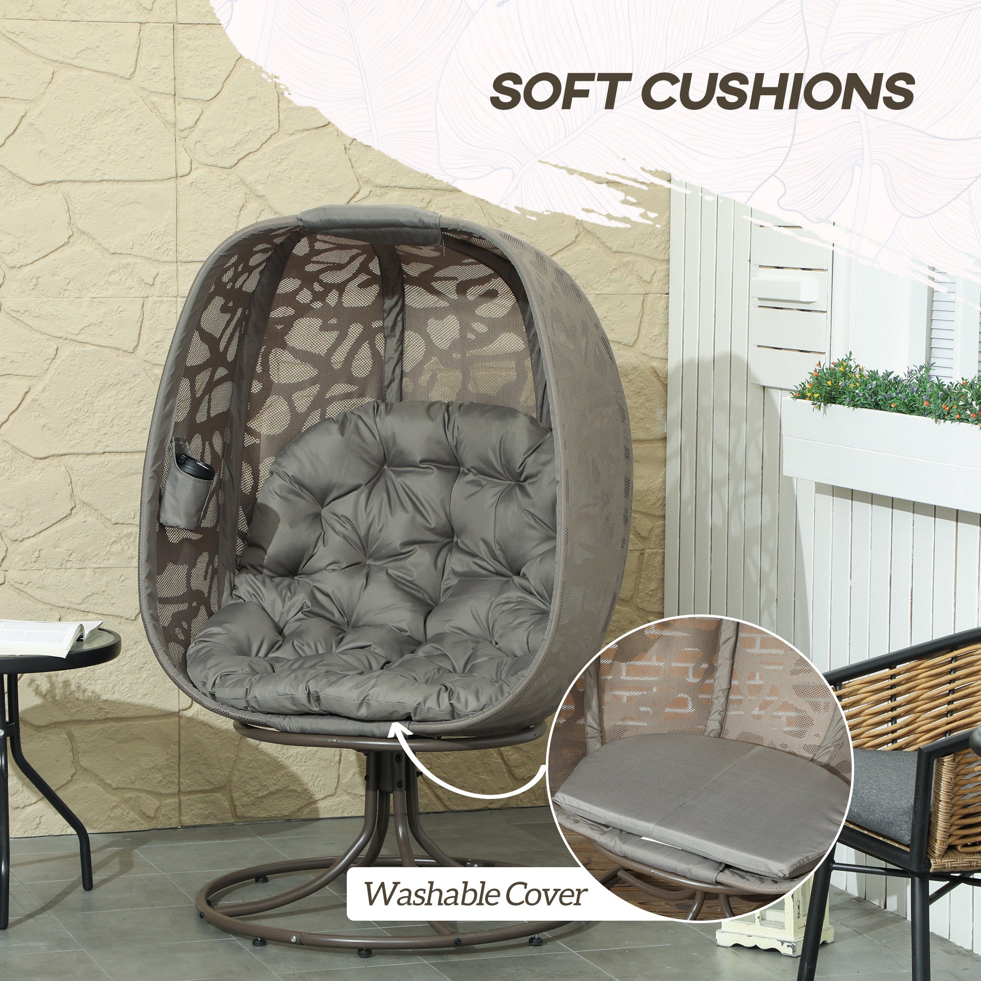 Outsunny Swivel Egg Chair Outdoor, Lounge Chair with Cushions and Foldable Basket Seat for Backyard, Garden and Living Room