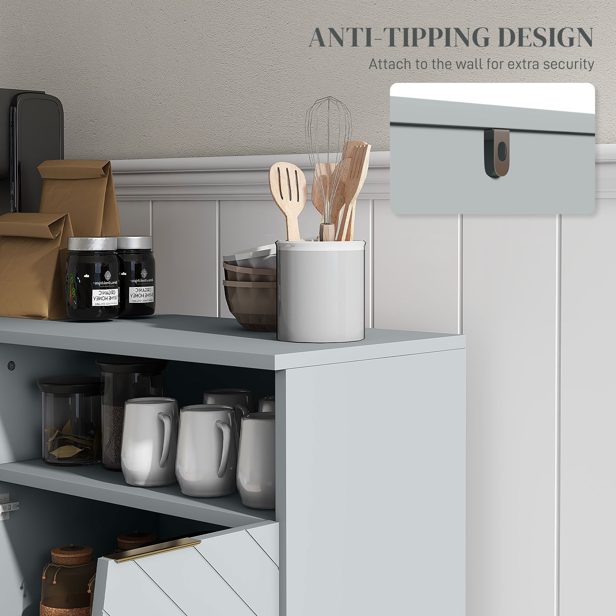 HOMCOM Grey Metal Base Accent Cabinet: Sideboard Bar Cabinet with 4 Doors and Adjustable Shelves for Living Room, Hallway