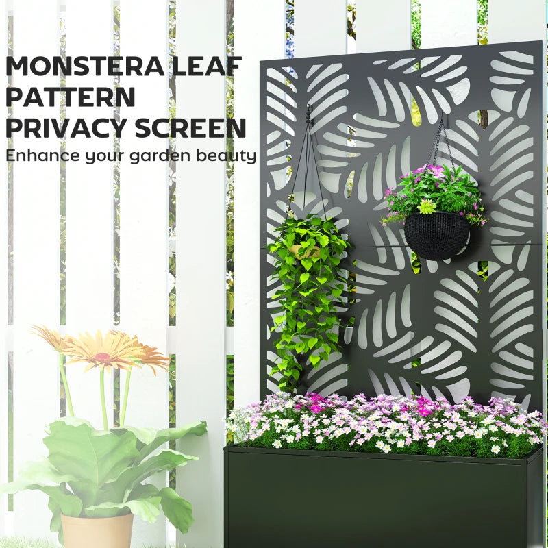 Metal Planter Box with Trellis, Raised Garden Bed with Monstera Leaf Cut-Out Privacy Screen and Wheels