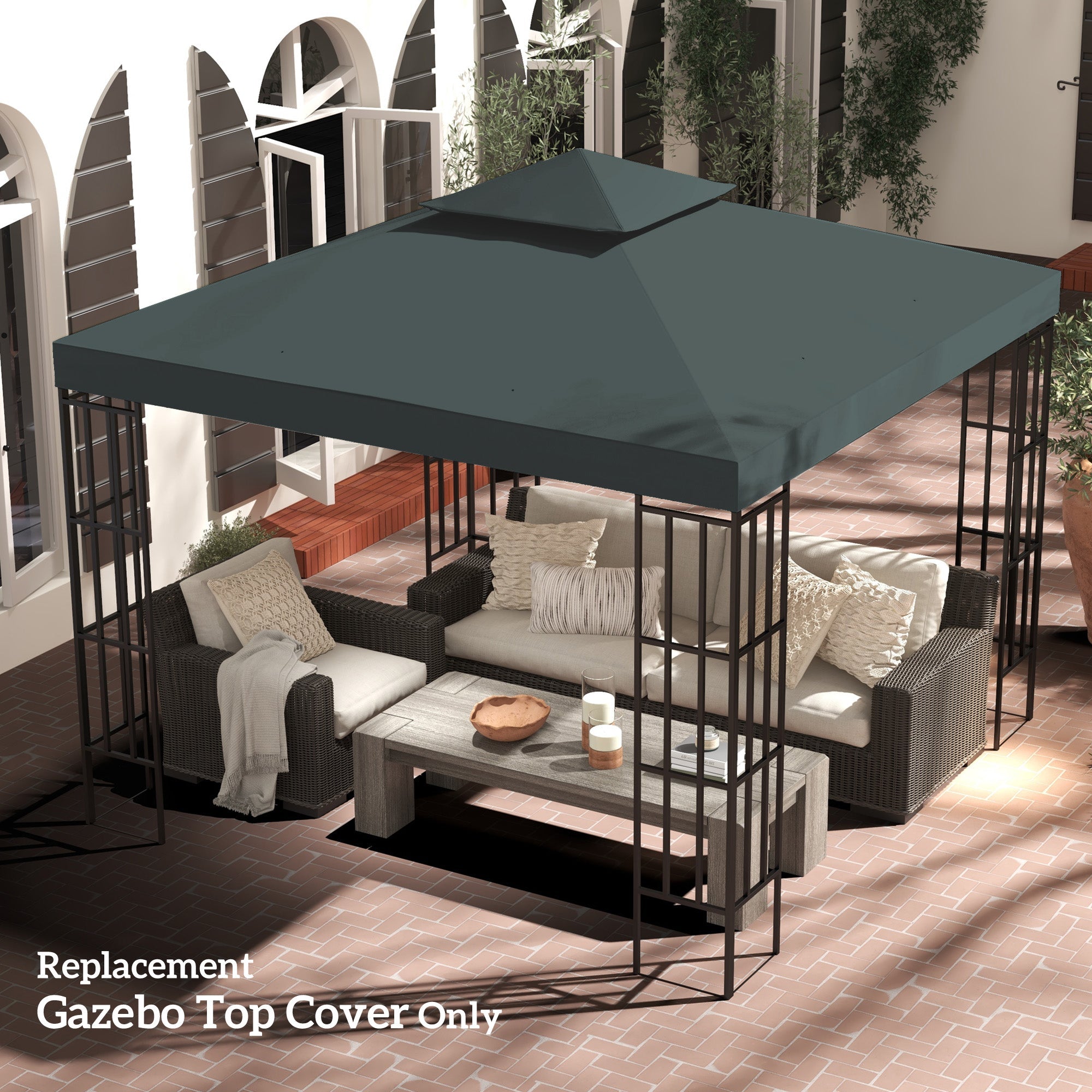 Outsunny 9.8' x 9.8' Square 2-Tier Gazebo Canopy Replacement Top Cover Outdoor Garden Sun Shade, Dark Grey