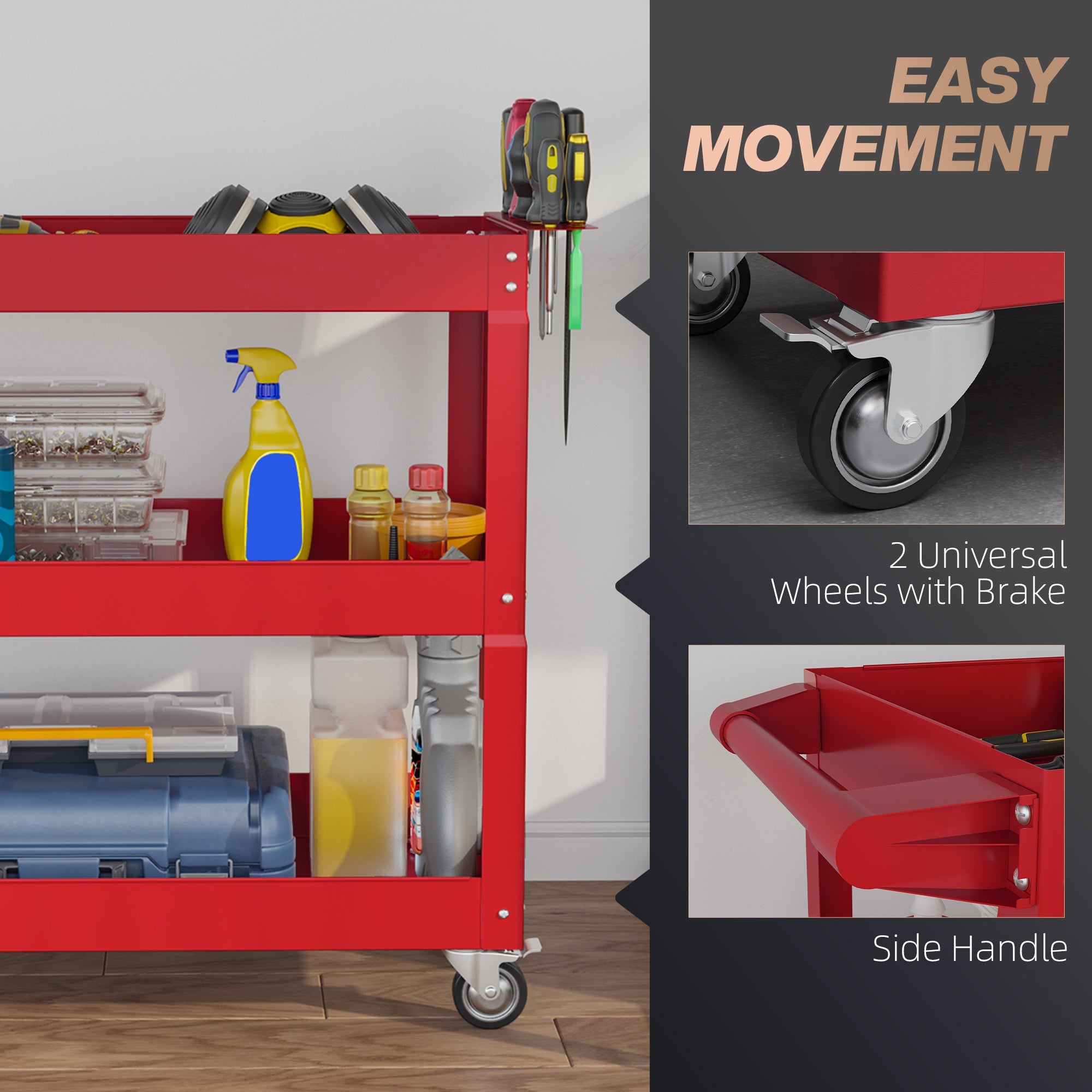 DURHAND 3 Tier Rolling Tool Cart with Wheels, 330 LBS Capacity Heavy Duty Utility Cart, Mobile Service Cart for Garage, Red