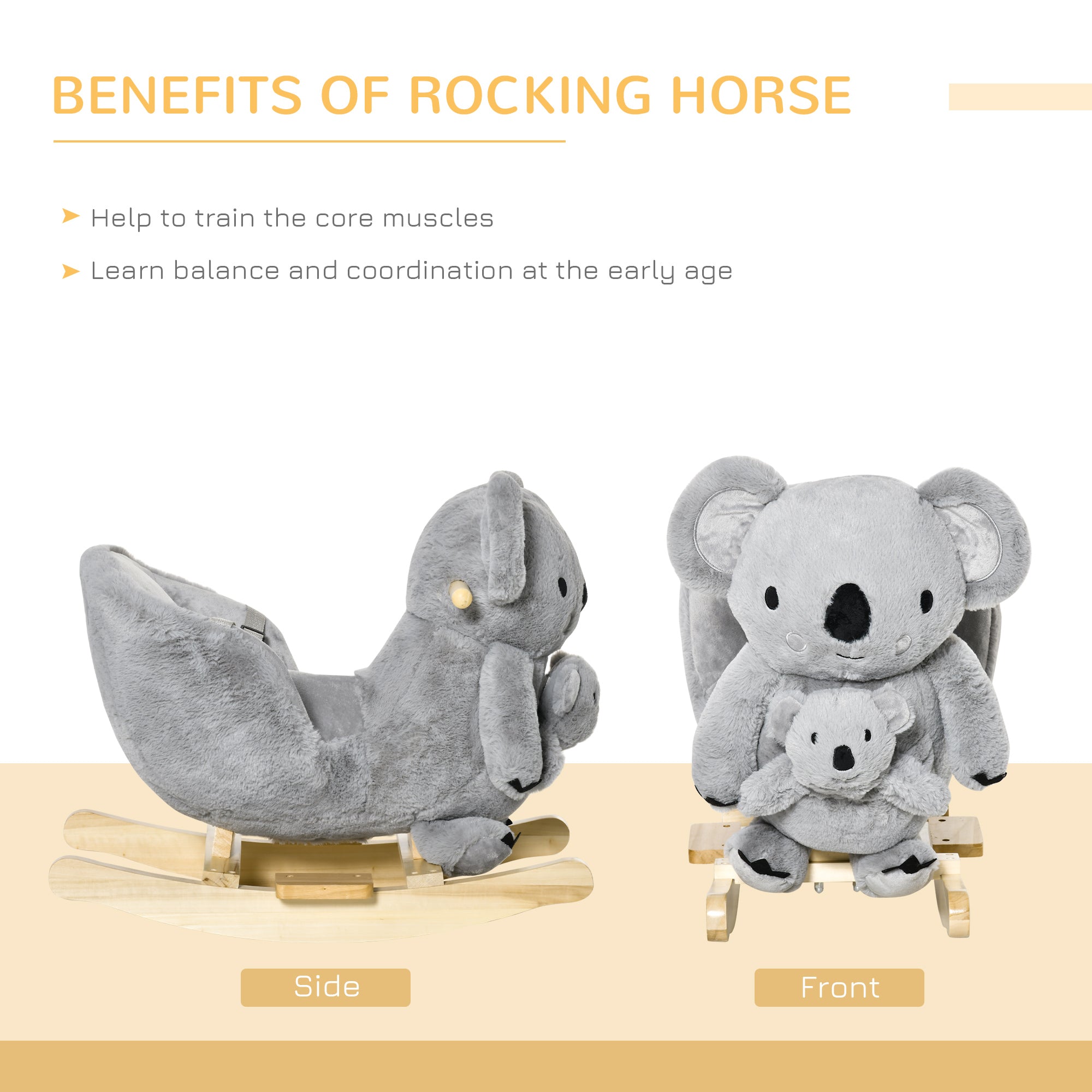 Qaba Koala Rocking Horse for Kids - Plush Ride-On Toy with Gloved Doll & Sounds, Ideal for 18-36 Months, Grey