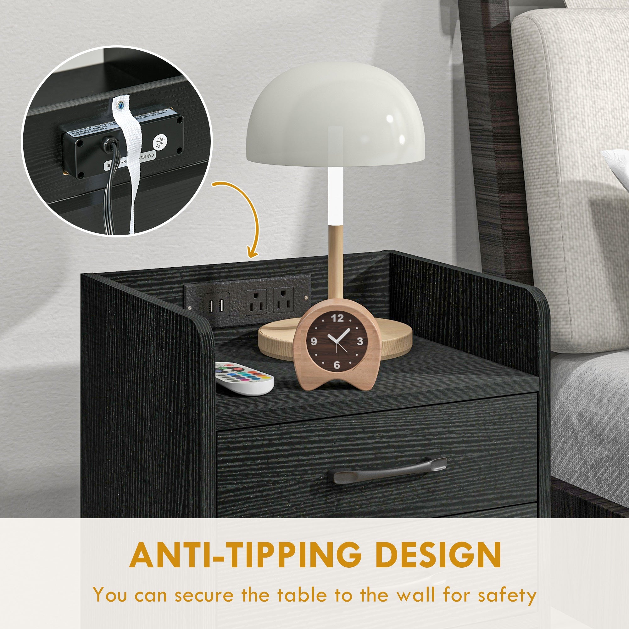HOMCOM Charging Nightstand: LED Lights, AC Outlets, USB Ports, 2 Drawers, Shelf, Modern Bedroom Furniture, Black