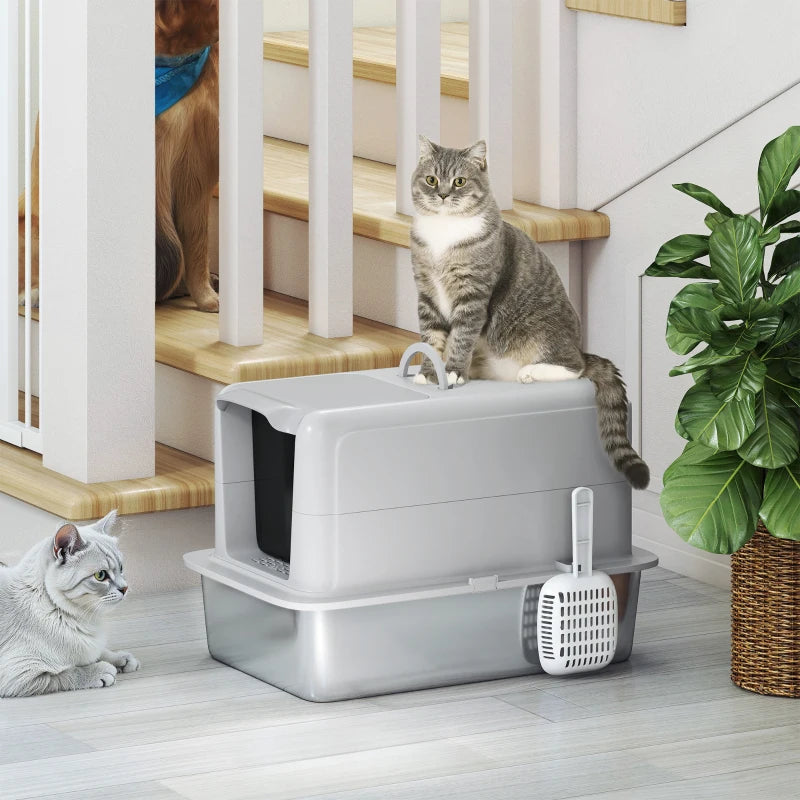 Stainless Steel Cat Litter Box w/ Removable Lid & Scoop, for Small to Large Cats, Easy to Clean, Grey