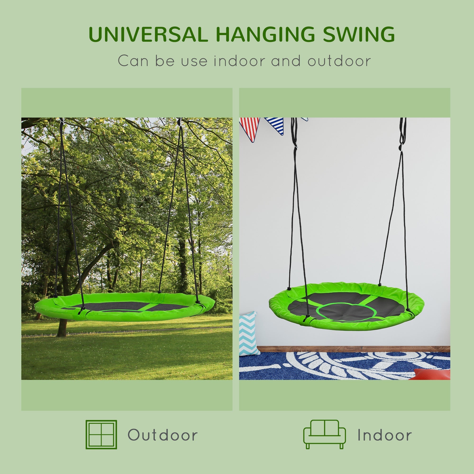Outsunny 43.25" Saucer Swing, Nest Web Rope Seat with Adjustable Hanging Ropes, for Indoor Outdoor Children 3-12 Years Old, Green
