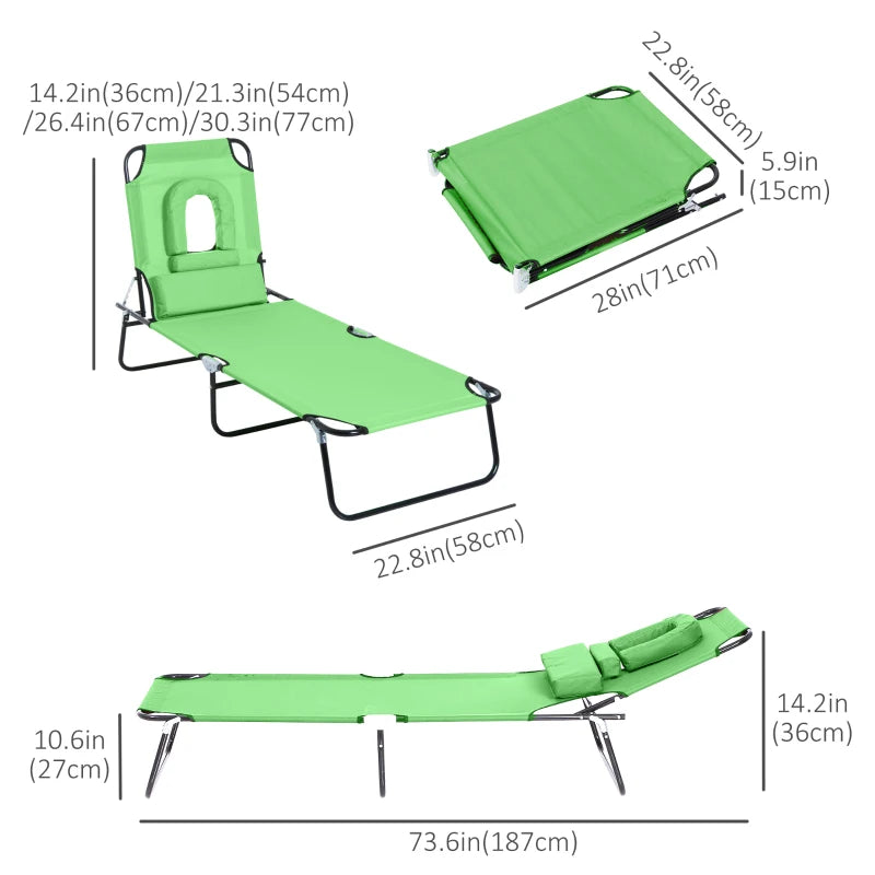 Adjustable Outdoor Lounge Chair, Garden Folding Chaise Lounge with Face Hole Reclining Tanning Chair Seat, Folding Camping Beach Lounging Bed w/ Support Pillow, Green