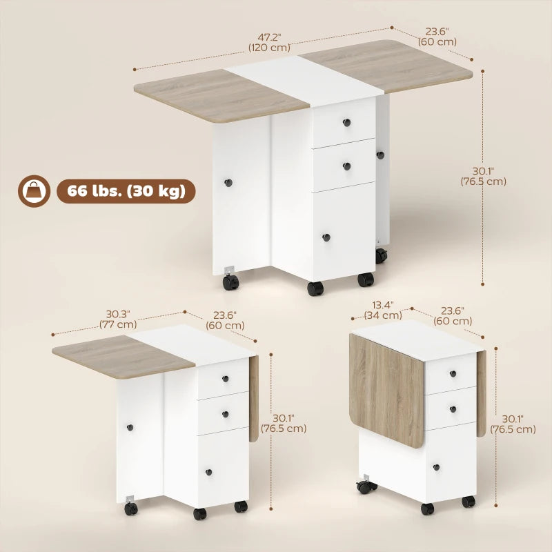 Drop Leaf Dining Table, Mobile Folding Table on Wheels with Drawers and Cabinet for Dining Room, Kitchen, White and Oak