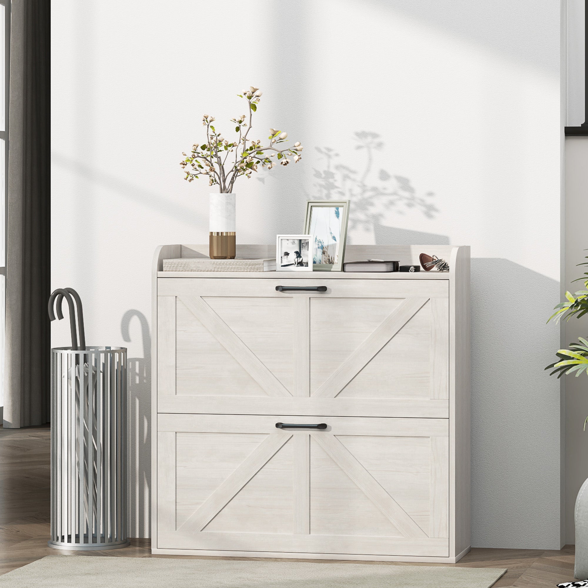 HOMCOM Narrow Shoe Storage Cabinet, Farmhouse Slim Shoe Cabinet with 2 Flip Drawers, Adjustable Shelves, Oak White