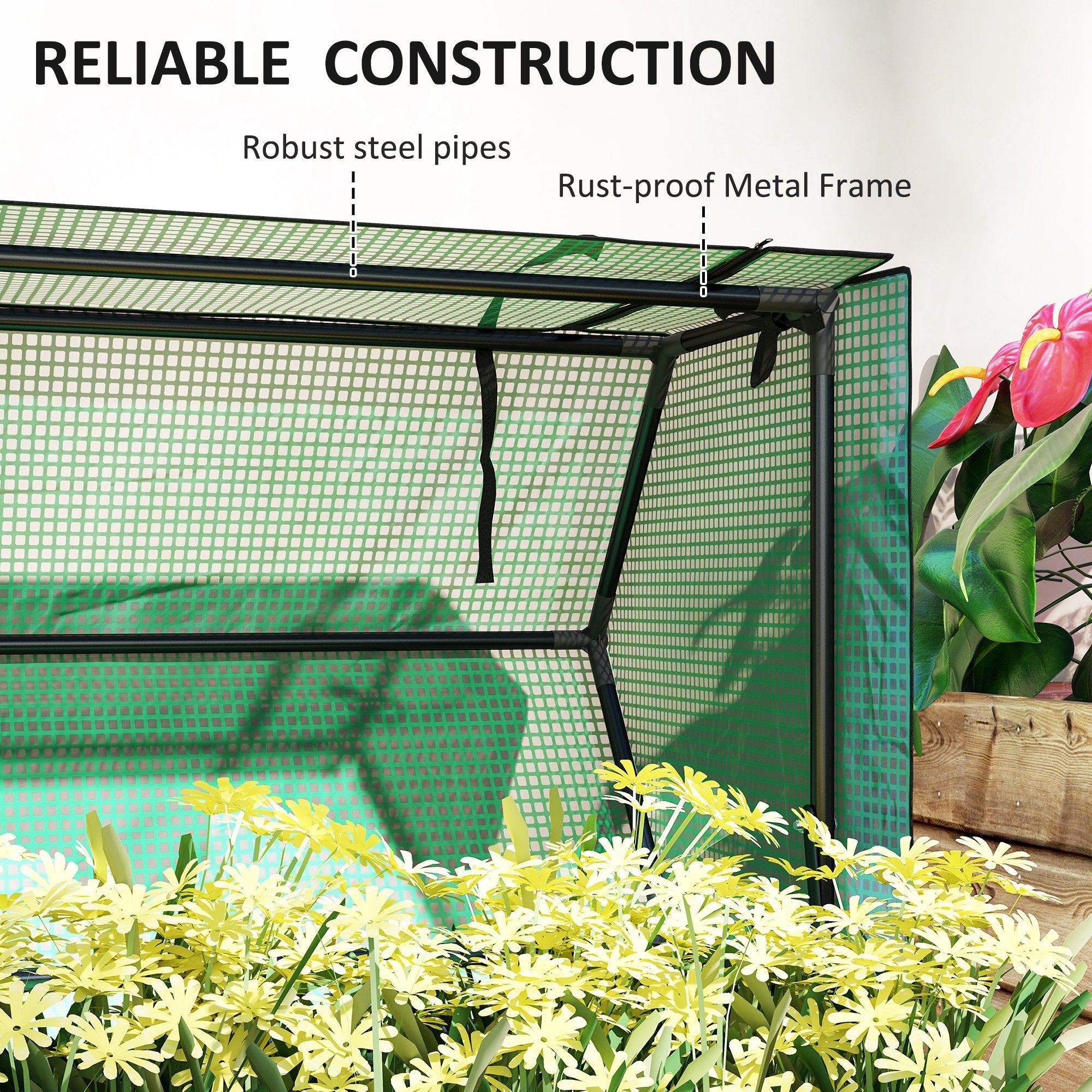 Outsunny Raised Garden Bed Planter with PE Greenhouse Cover, Elevated Garden Bed Box with Drainage Hole for Flowers, Black