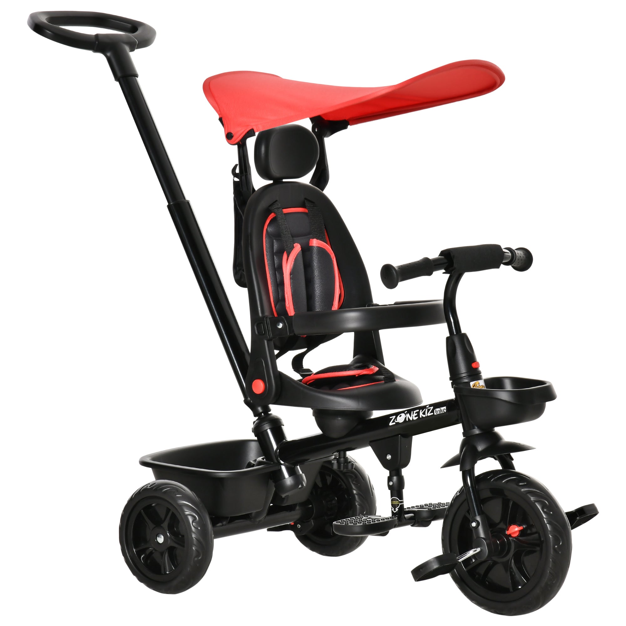 Aosom Qaba Stroller Trike: Baby Tricycle 4 In 1, Reversible Seat, Adjustable Removable Canopy, Handrail Belt, Red