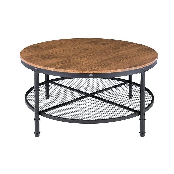 FarmHome Industrial Wood Steel Coffee Table 2-Tier Round with Storage Shelves - Free Shipping