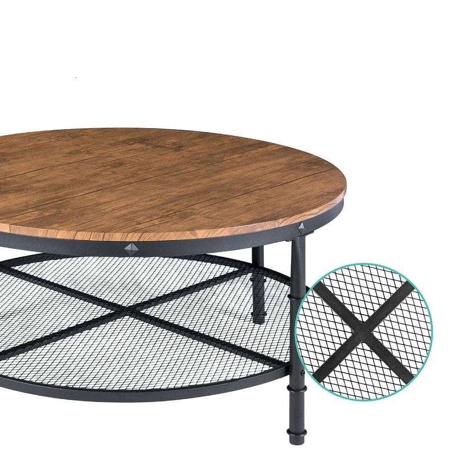 FarmHome Industrial Wood Steel Coffee Table 2-Tier Round with Storage Shelves - Free Shipping