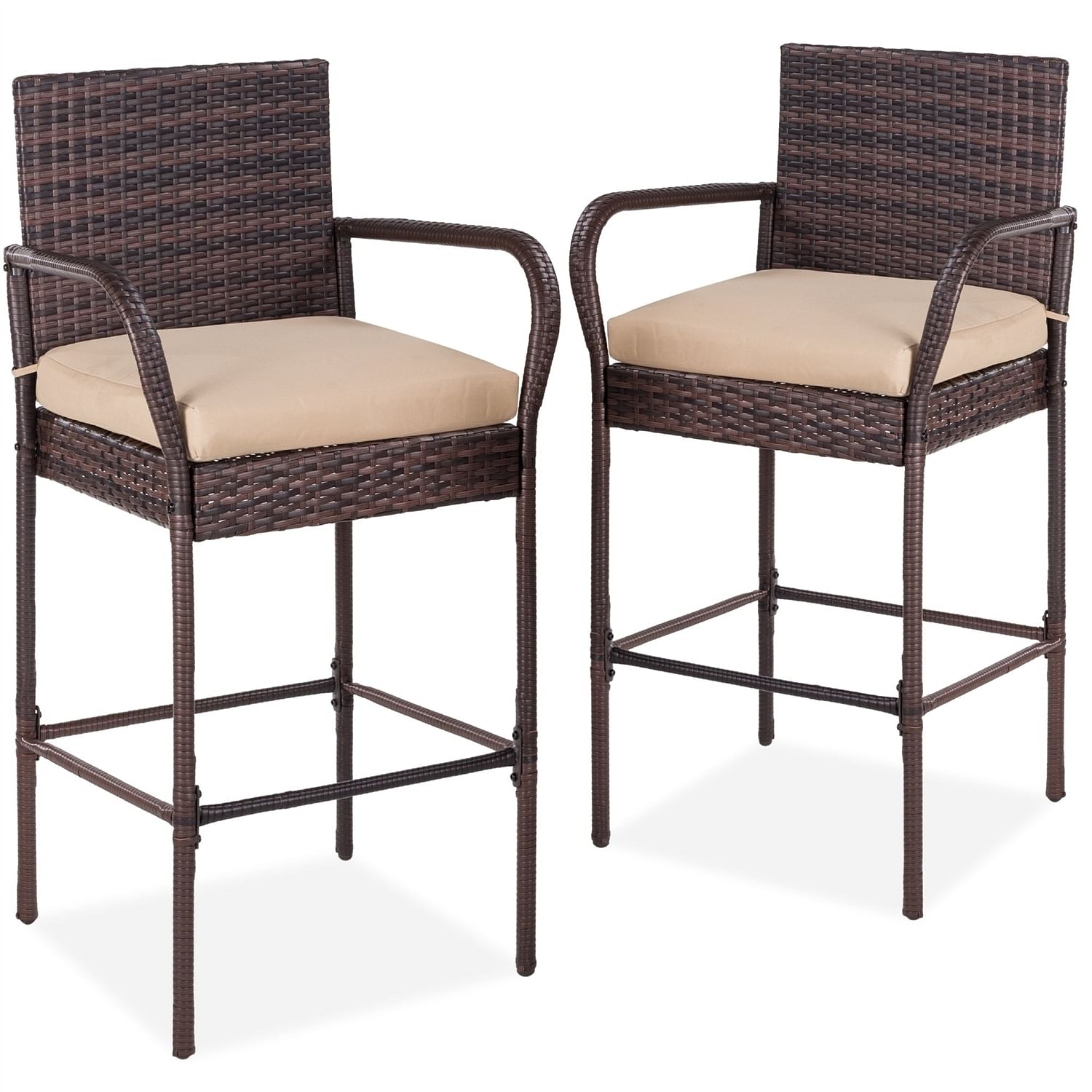 Set of 2 Brown Indoor/Outdoor Wicker Bar Stools w/ 2 Tan Cushions - Free Shipping